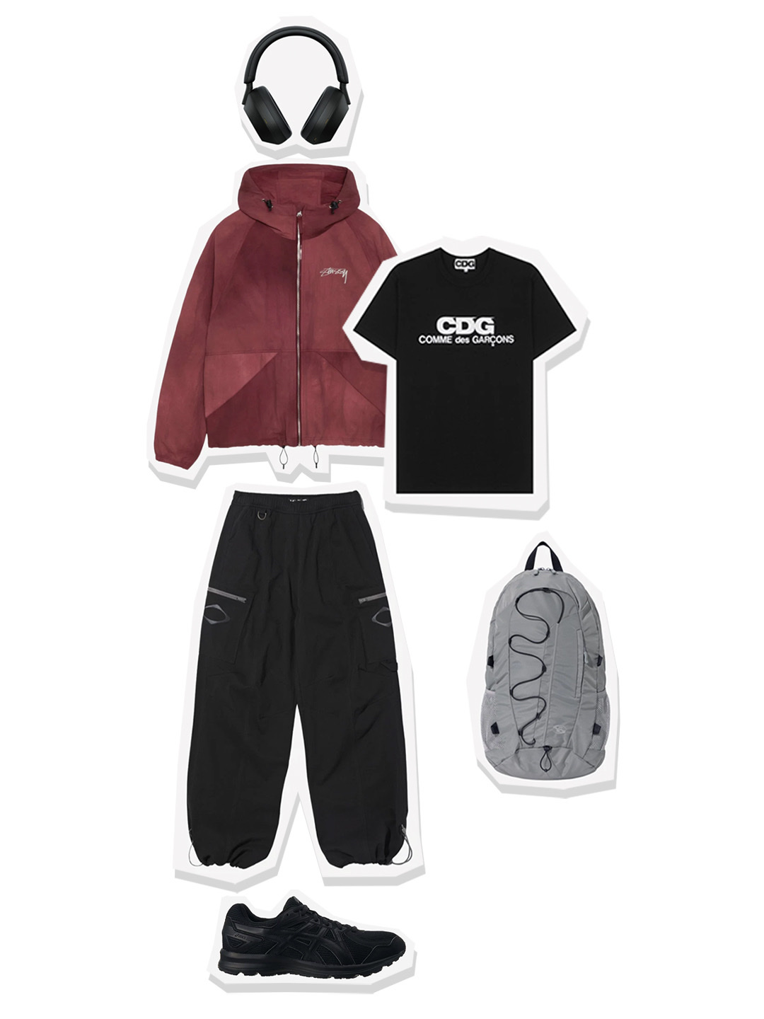 Stussy Wave Dye Beach Shell Jacket Maroon, CDG Logo T-Shirt Black 착용 스타일 - 1
