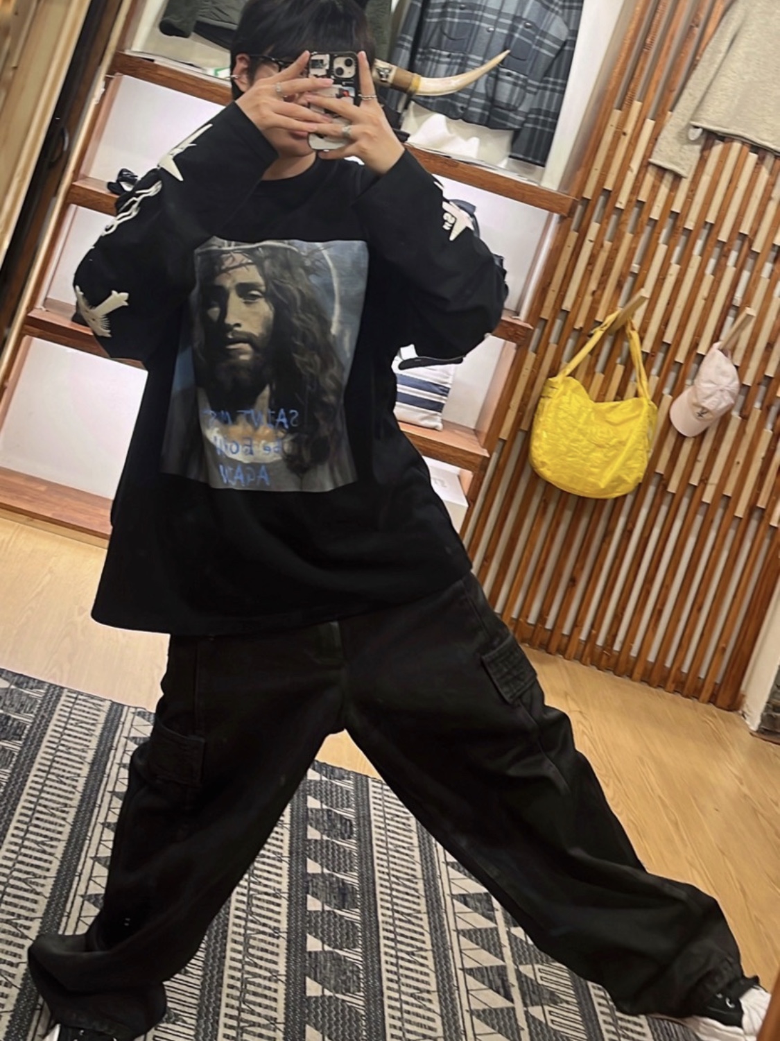 Maison Mihara Yasuhiro Blakey OG Sole Broken Suede Low-top Sneakers Black, [KREAM 단독] Ourpas 061 Saint Long Sleeve Black 착용 스타일 - 2