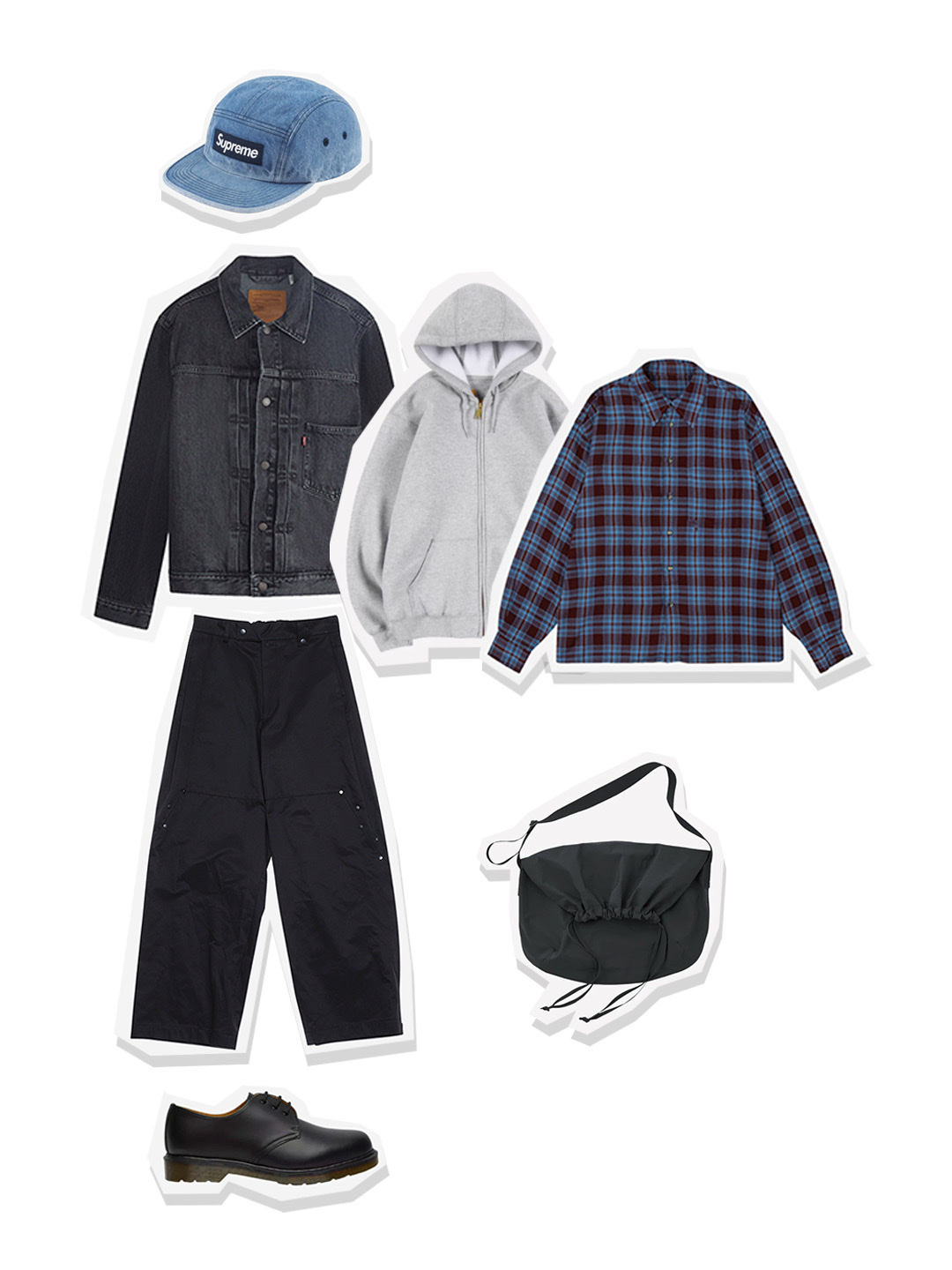 Supreme Washed Chino Twill Camp Cap Denim - 23FW, Uniqlo U Drawstring Shoulder Bag Black 착용 스타일 - 1
