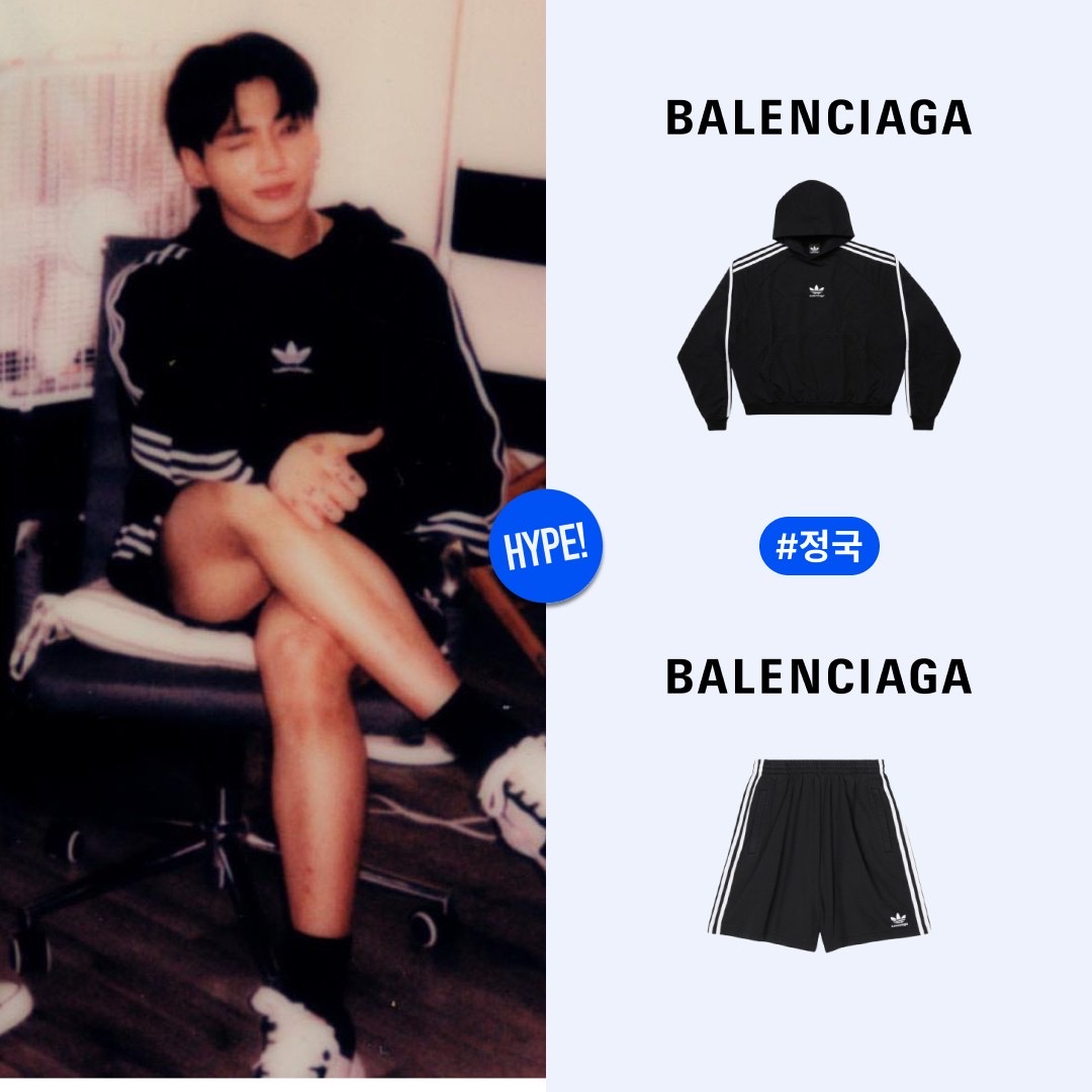 Balenciaga x Adidas Hoodie Large Fit Black, Balenciaga x Adidas Performance Poplin Large Shorts Black 착용 스타일 - 2