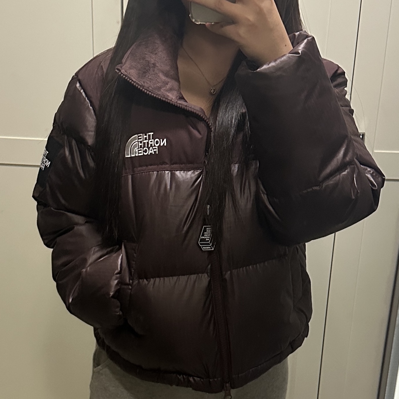 (W) The North Face White Label Novelty Nuptse Down Jacket Cocoa Brown 착용 스타일