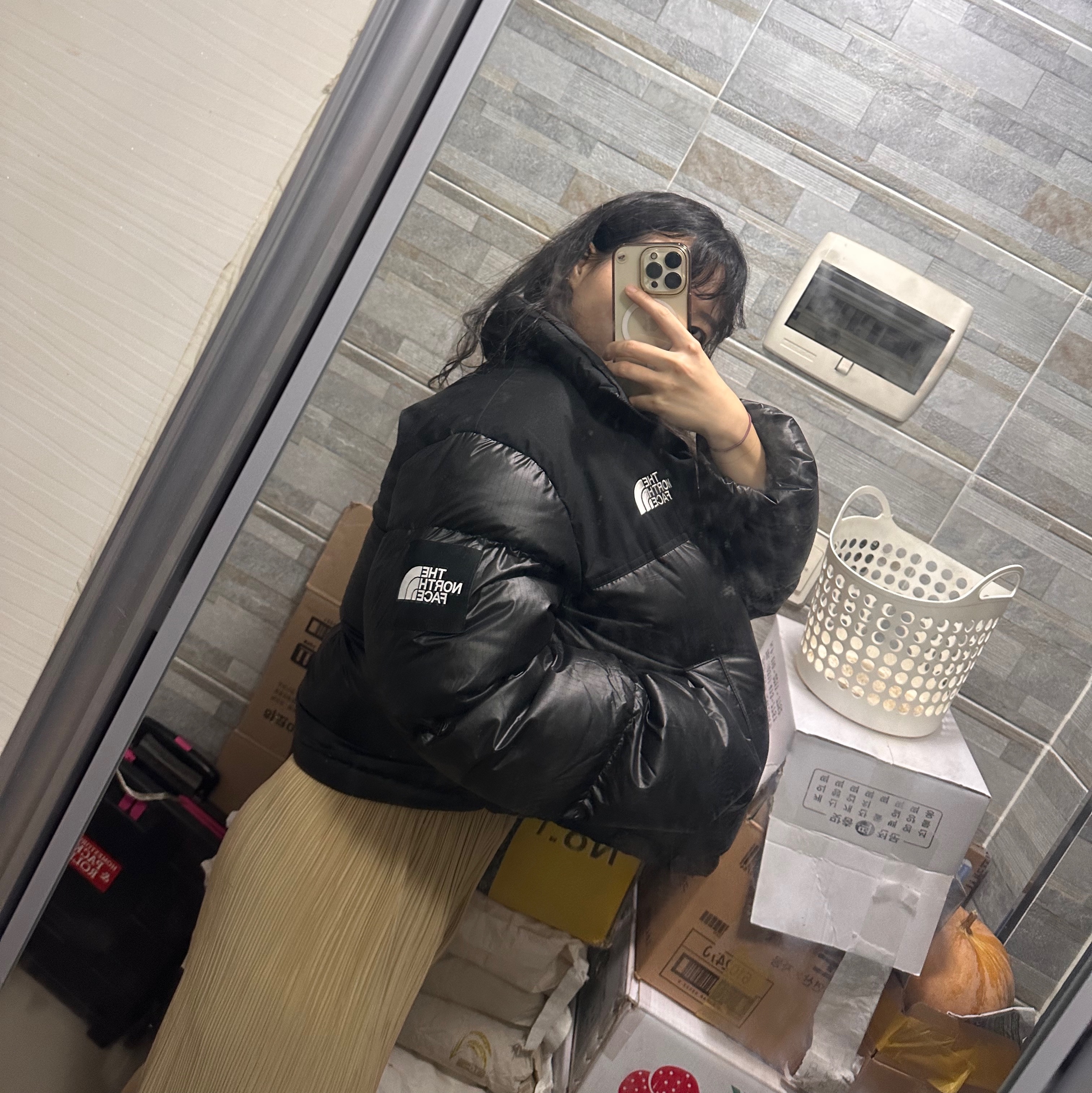 (W) The North Face White Label Novelty Nuptse Down Jacket Black 착용 스타일 - 2