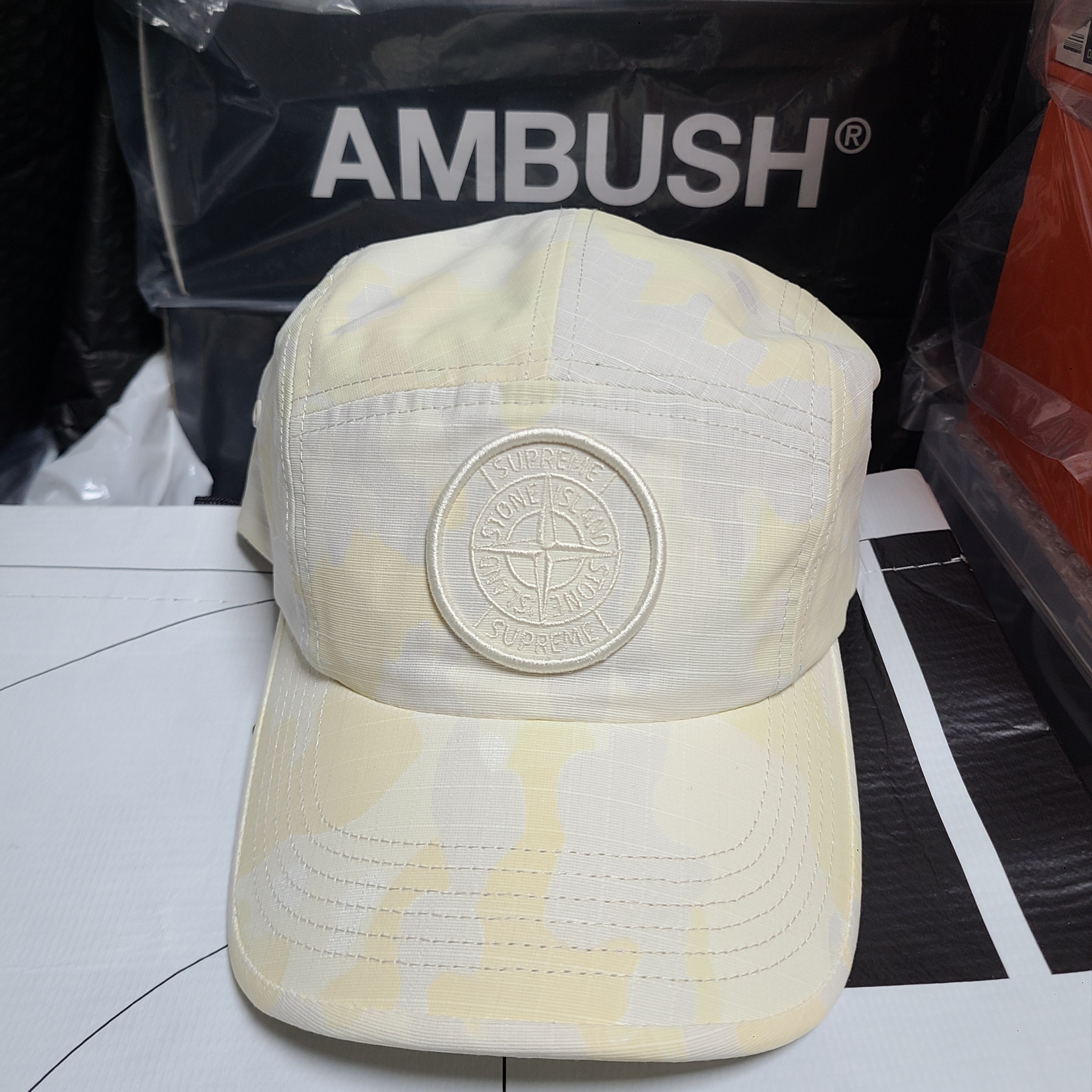 Supreme x Stone Island Reactive Ice Camo Ripstop Camp Cap Tan - 22SS 착용 스타일 - 1
