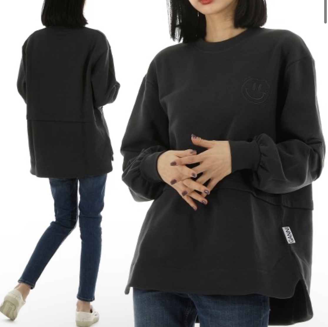(W) Ganni Isoli O-Neck Drop Shoulder Sweatshirt Phantom 착용 스타일 - 5