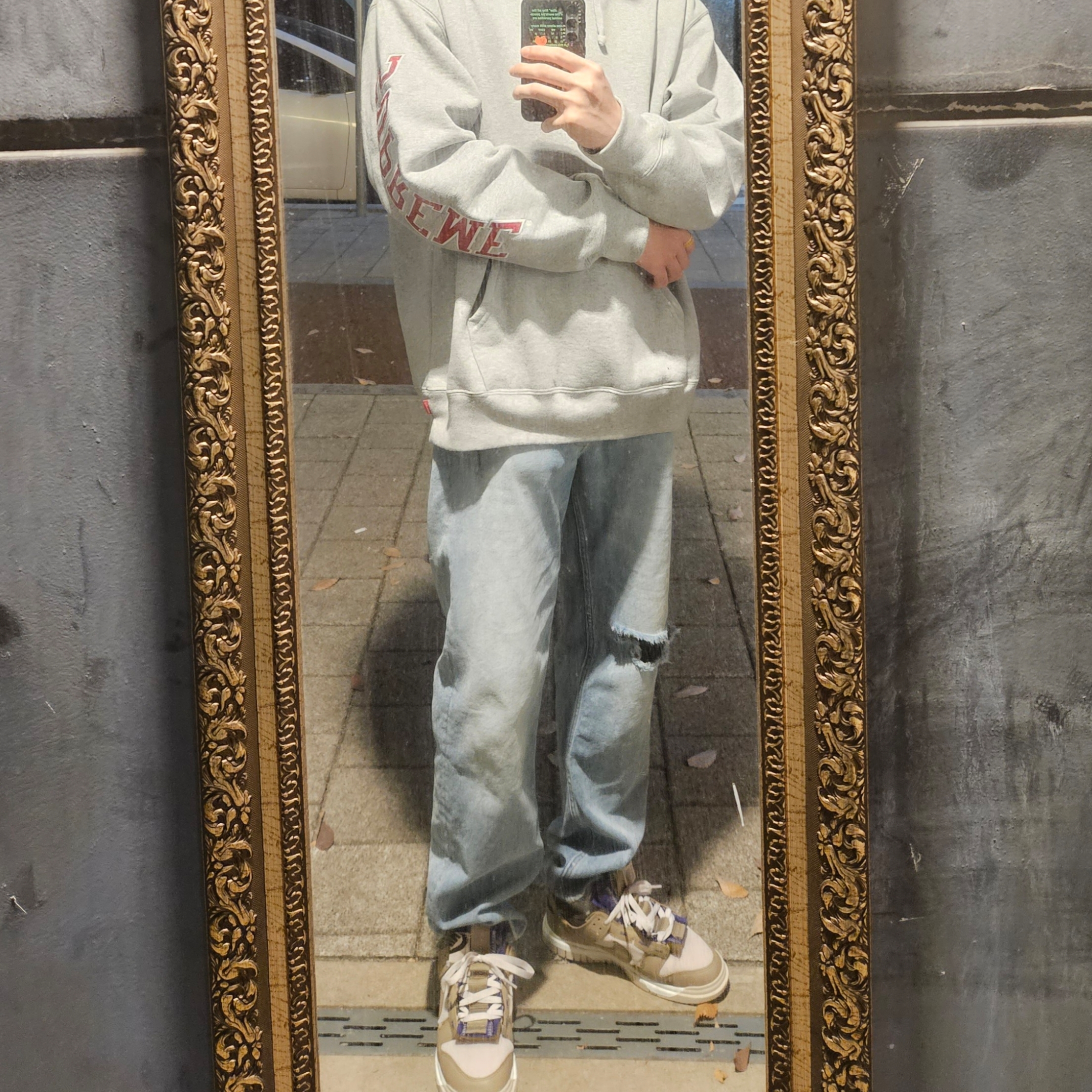 Supreme Sleeve Arc Hooded Sweatshirt Heather Grey - 23FW 착용 스타일