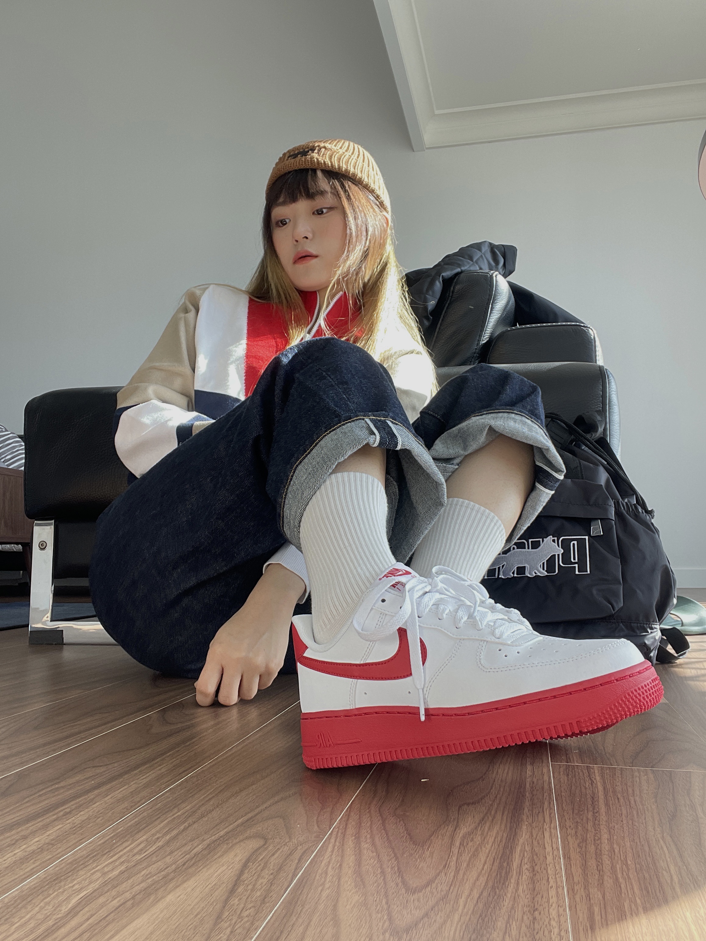 Nike Air Force 1 Low White Red Midsole 착용 스타일 - 1