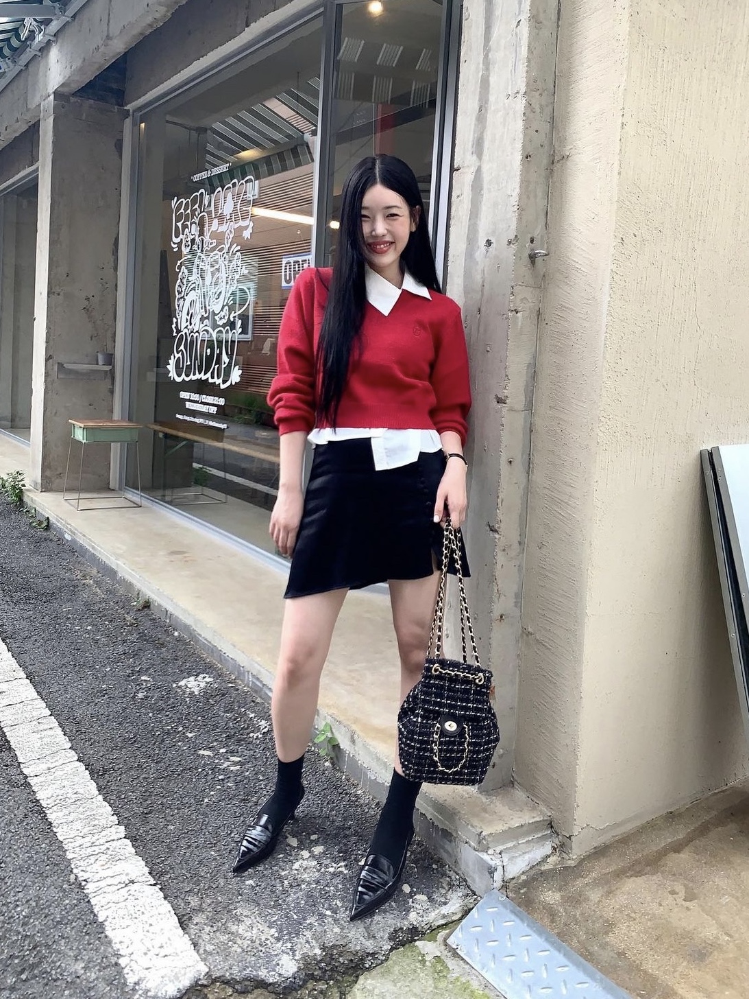 Anoetic Anc Tweed Classic Backpack Black, Anoetic Anc Tweed Classic Backpack Ivory 착용 스타일