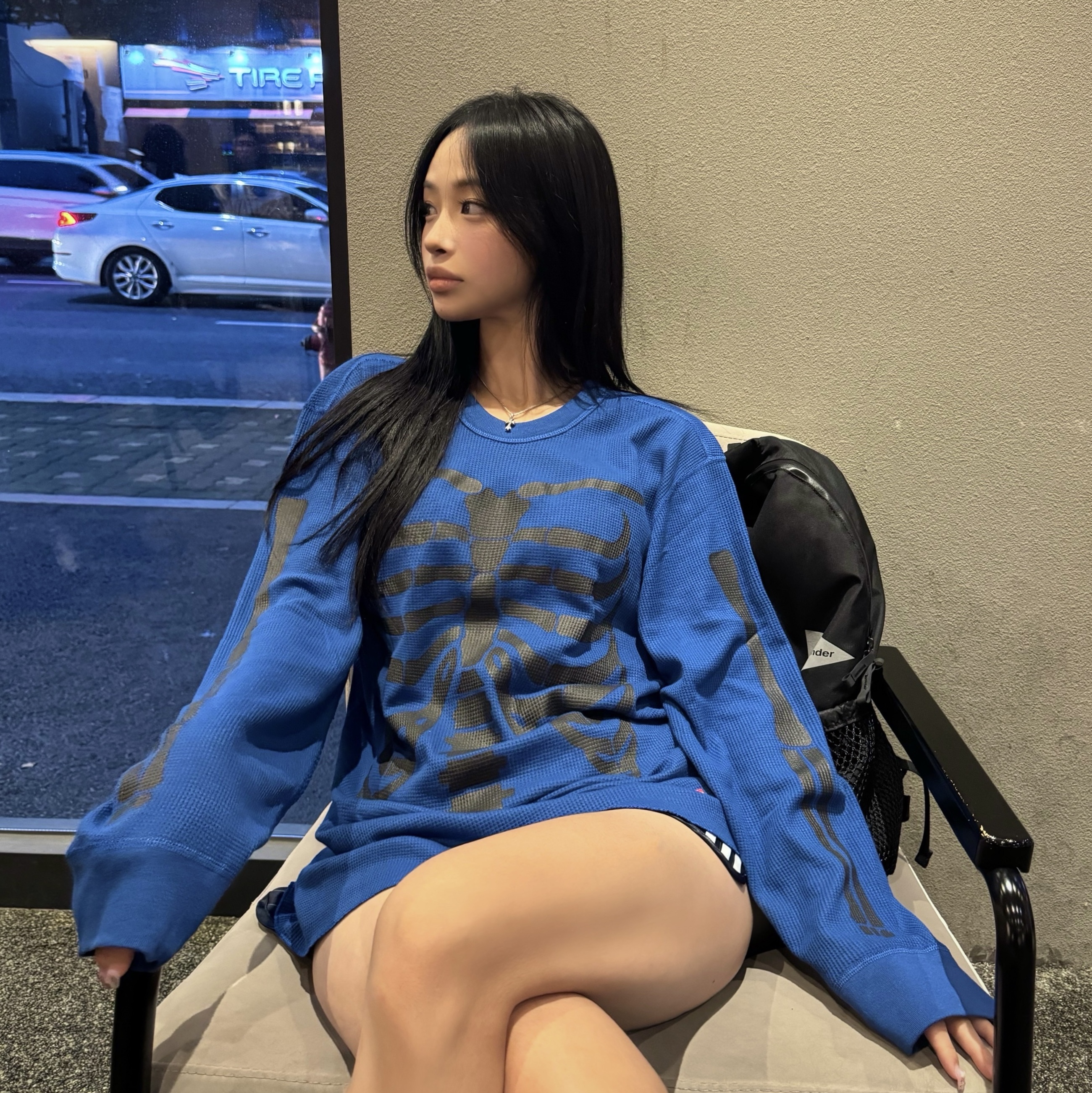 Supreme Hanes Bones Thermal Crew Blue (1 Pack) 착용 스타일