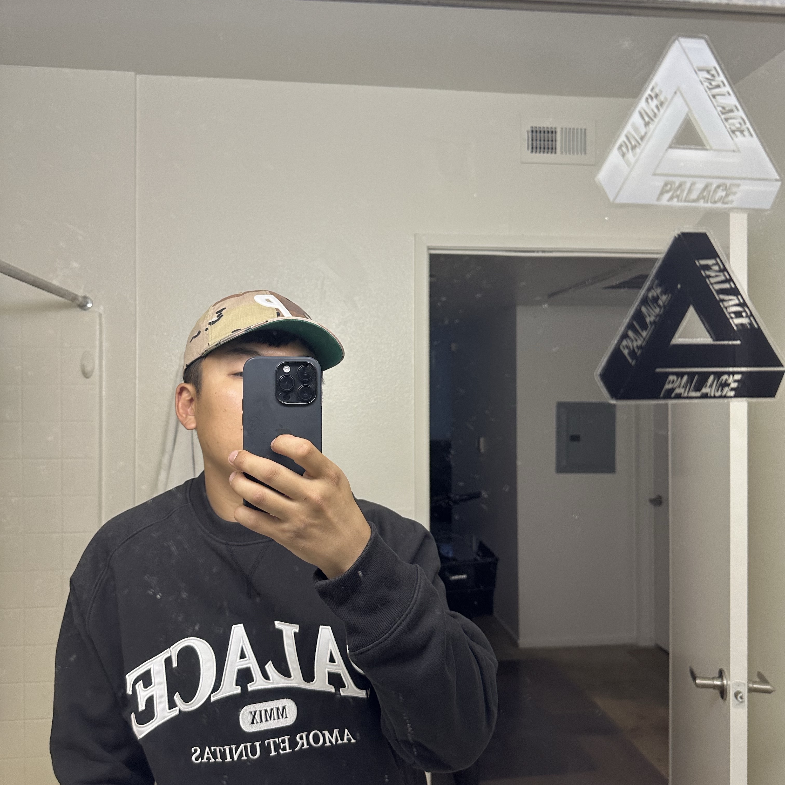 Palace Unitas Crew Black - 23FW, Palace P 6-Panel Cap Choc Chip Camo - 23FW 착용 스타일