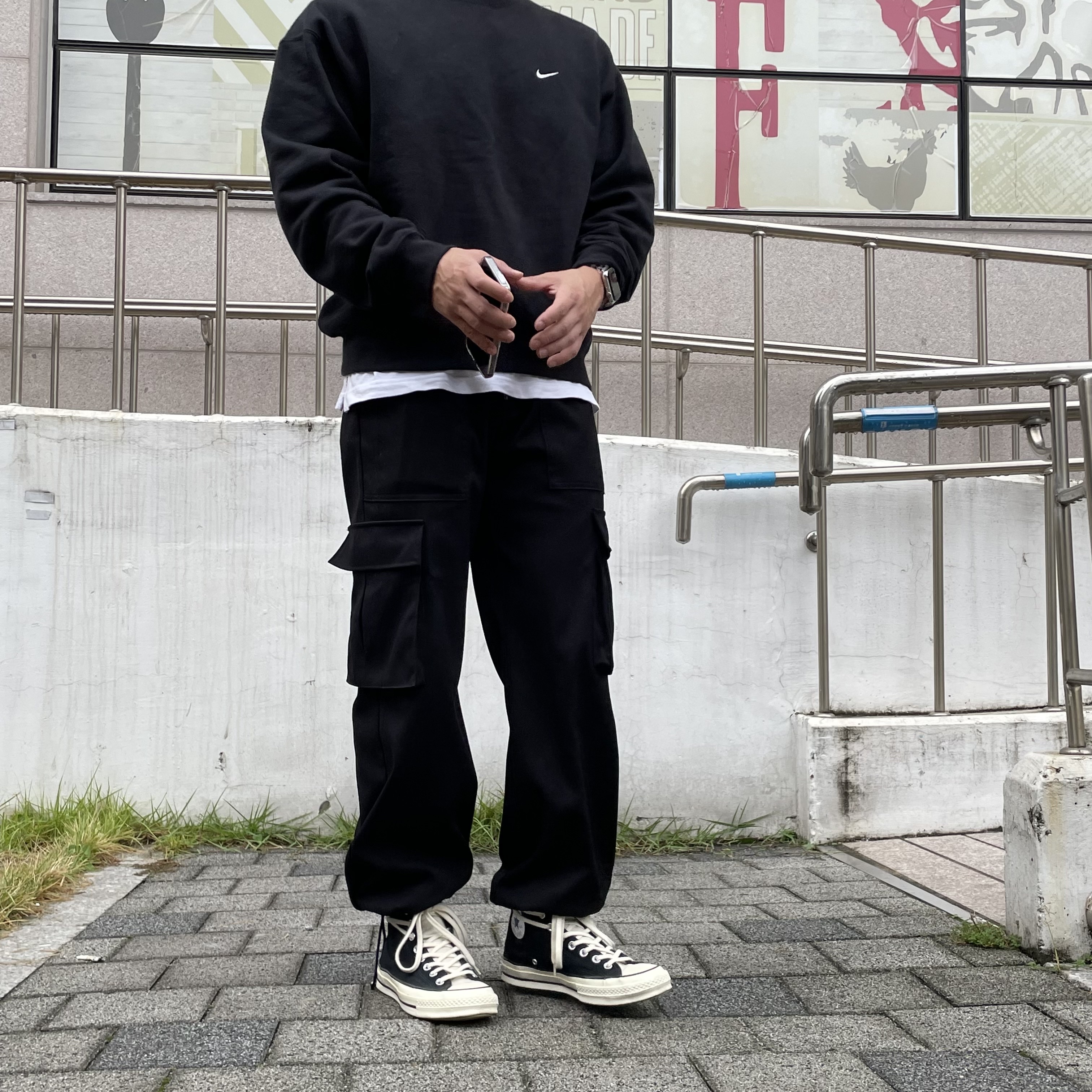 Converse x Fear of God Essentials Chuck 70 Hi Black 2020, Nike NRG Solo Swoosh Crew Fleece Black White - Asia 착용 스타일 - 3