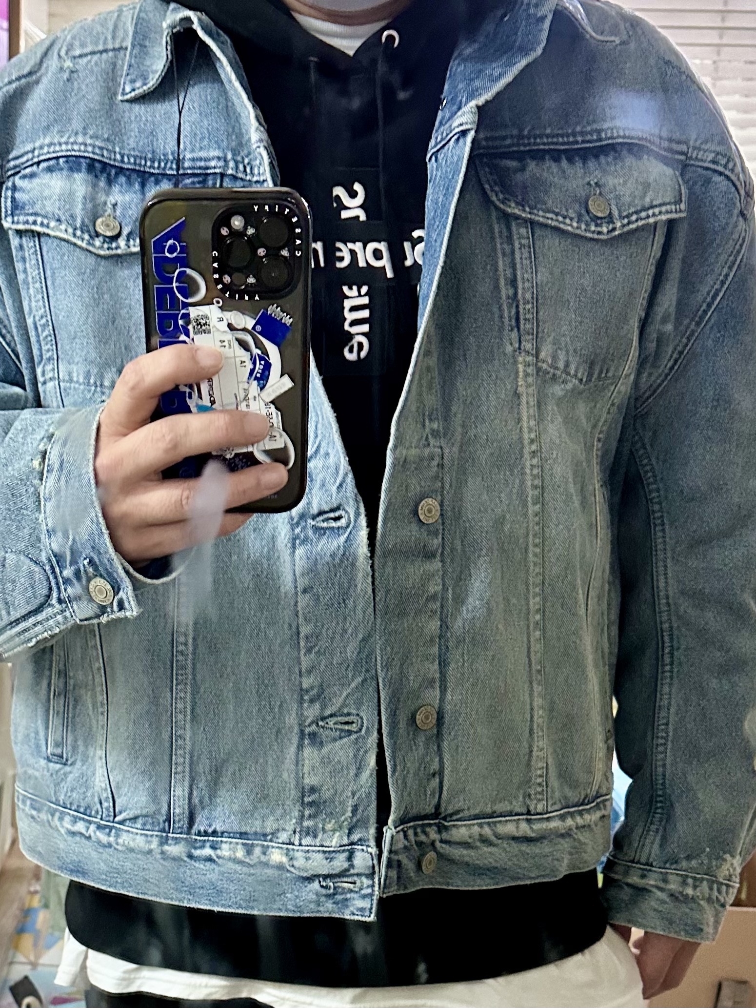 Yeezy Gap Engineered By Balenciaga Padded Denim Jacket Blue, Supreme Cross Box Logo Hooded Sweatshirt Black - 20FW 착용 스타일 - 1