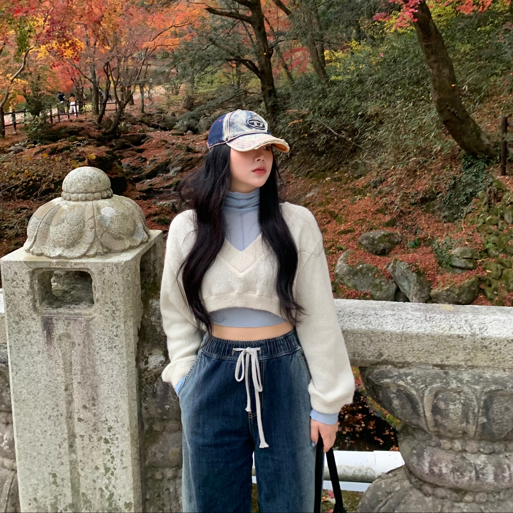 Diesel C-Seymon Treated Denim Baseball Cap Blue White 착용 스타일 - 1