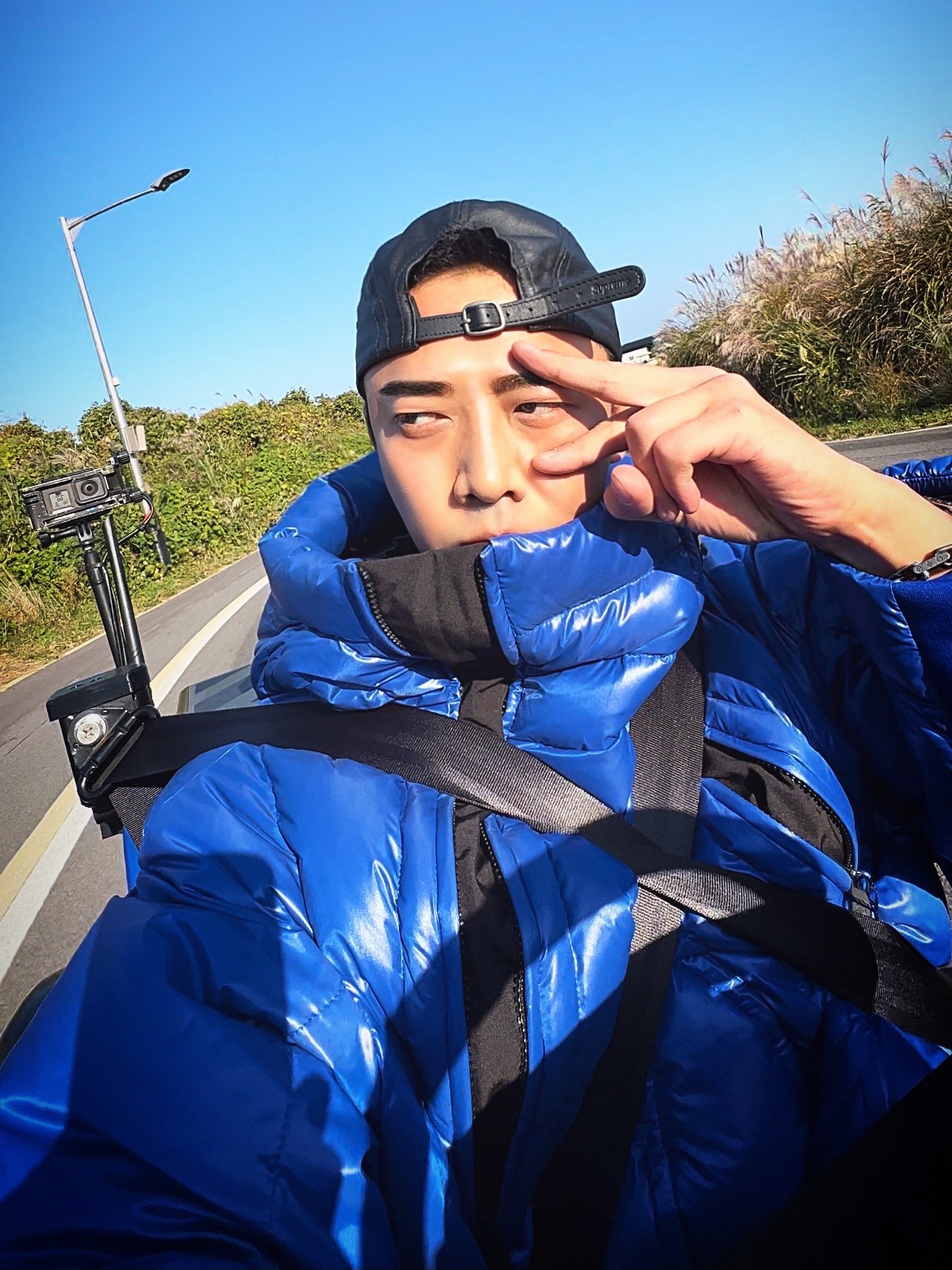 Supreme Leather Camp Cap Black - 21SS, Moncler x Adidas Chambery Short Down Jacket Blue - 23FW 착용 스타일 - 5
