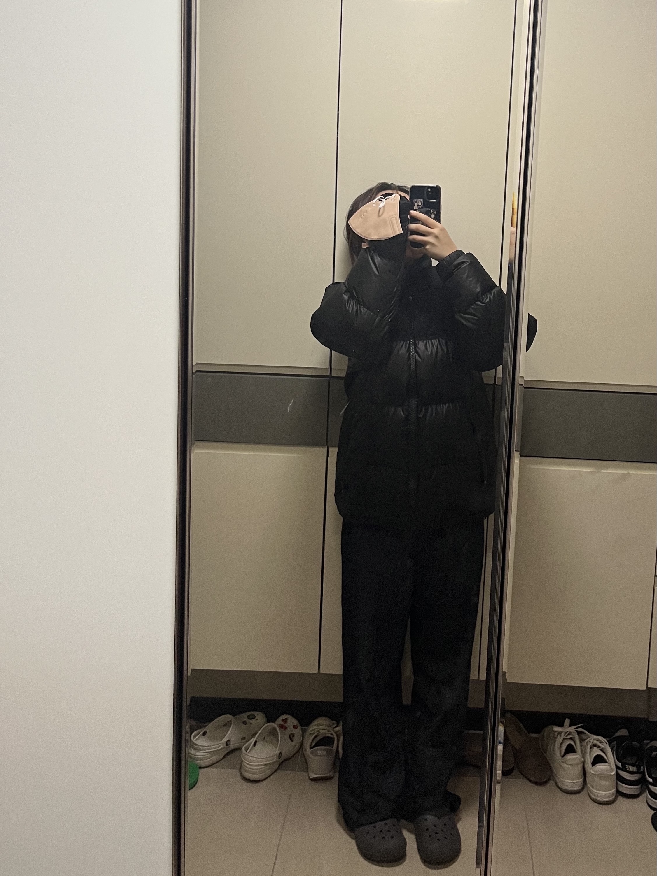 (W) The North Face White Label Novelty Nuptse Down Jacket Black 착용 스타일