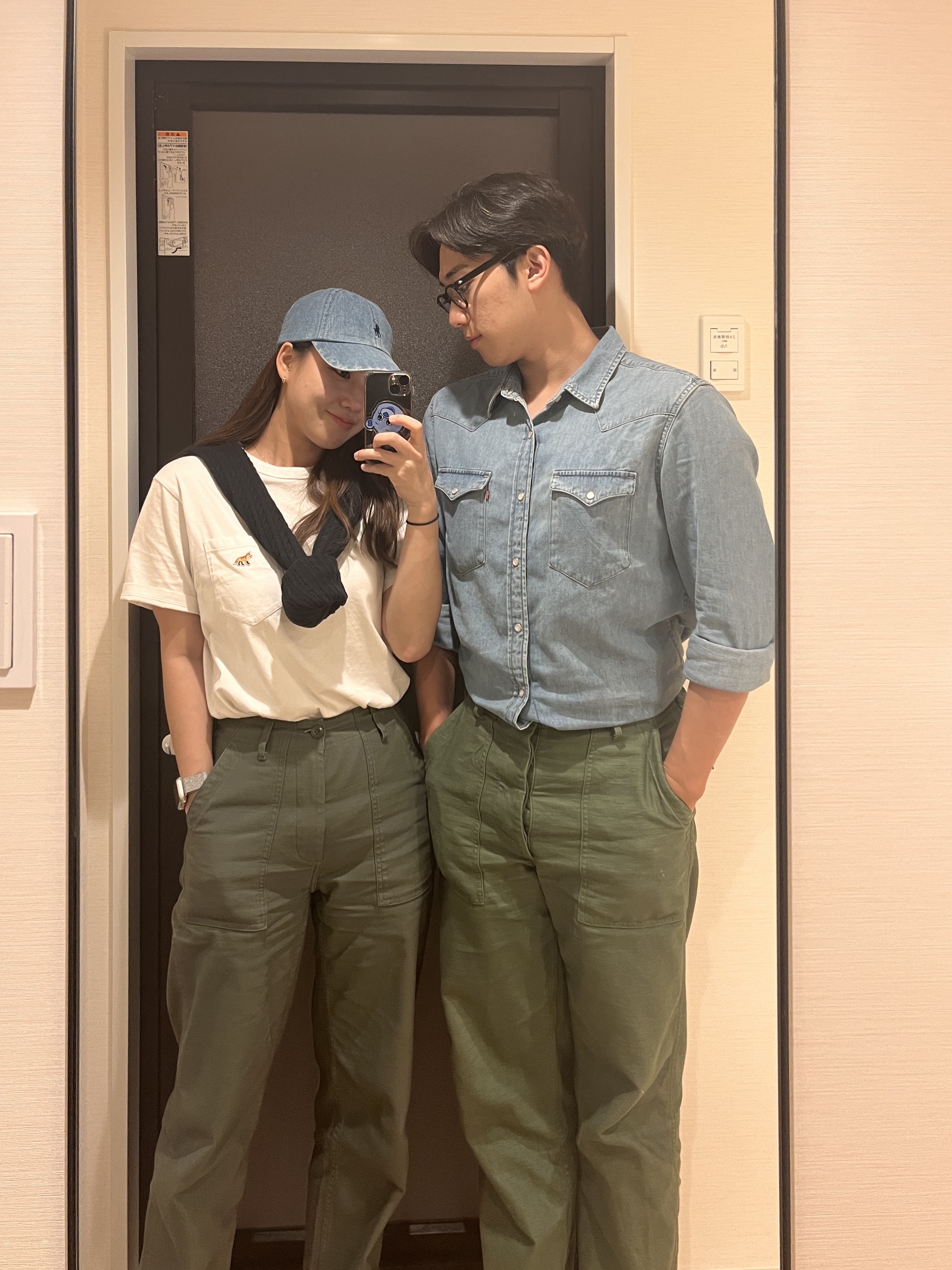 Orslow 5002 US Army Fatigue Pants Green, Levi's Barstow Western Shirt Light Indigo 착용 스타일