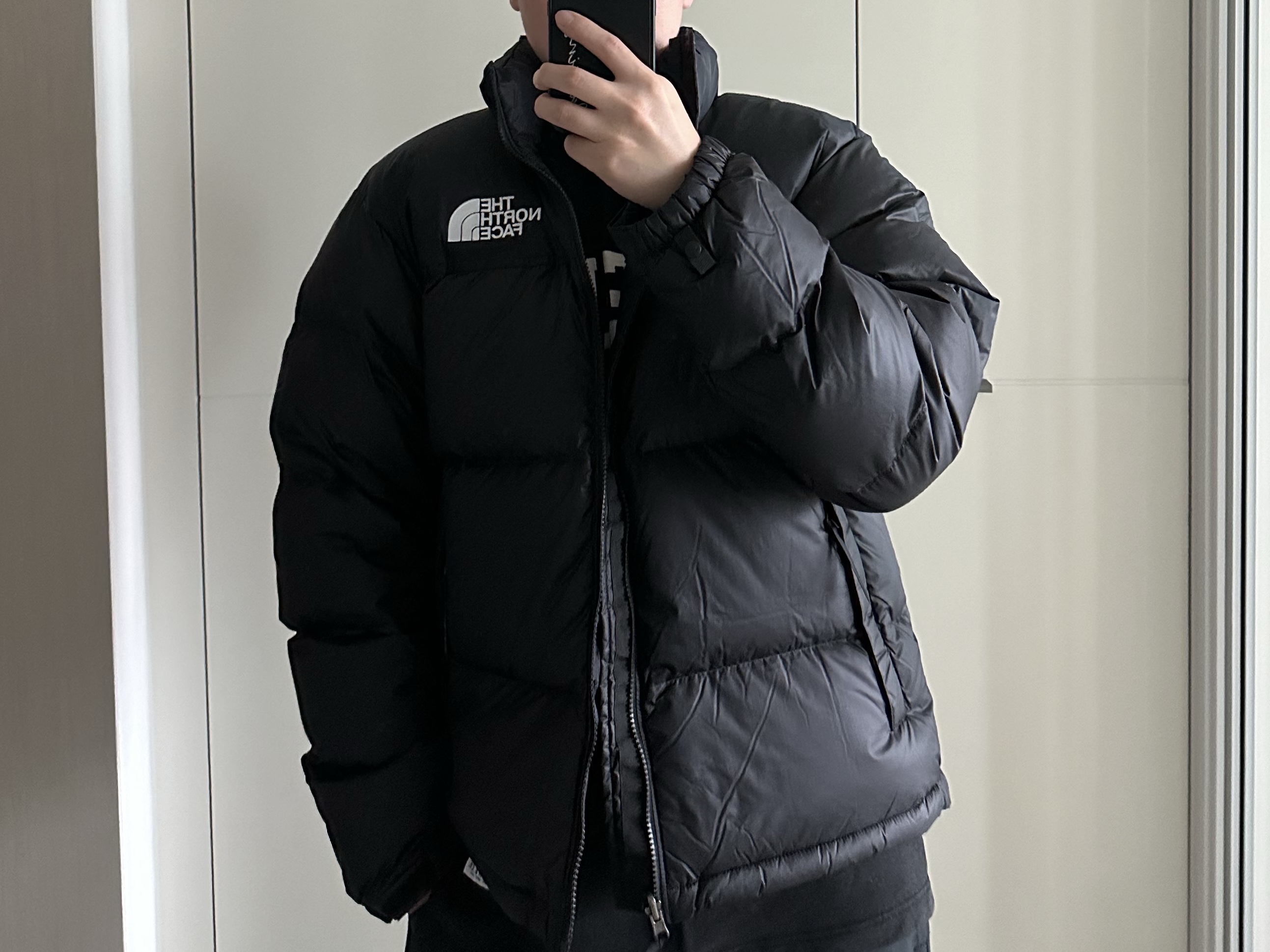 The North Face 1996 Eco Nuptse Jacket Black 착용 스타일
