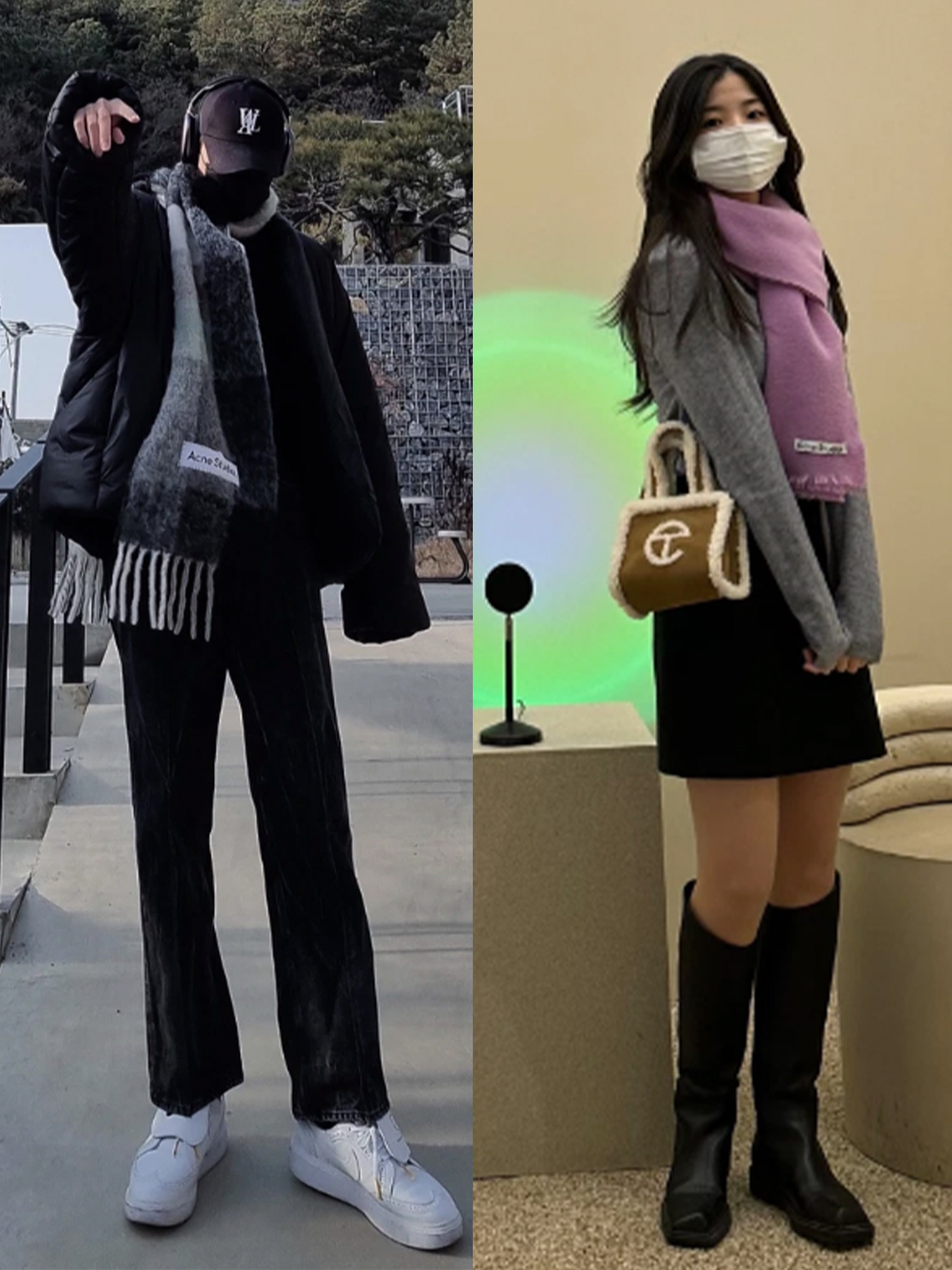 Acne Studios Mohair Check Muffler Fuchsia Lilac Pink, Acne Studios Mohair Check Muffler Grey Green Black 착용 스타일 - 2