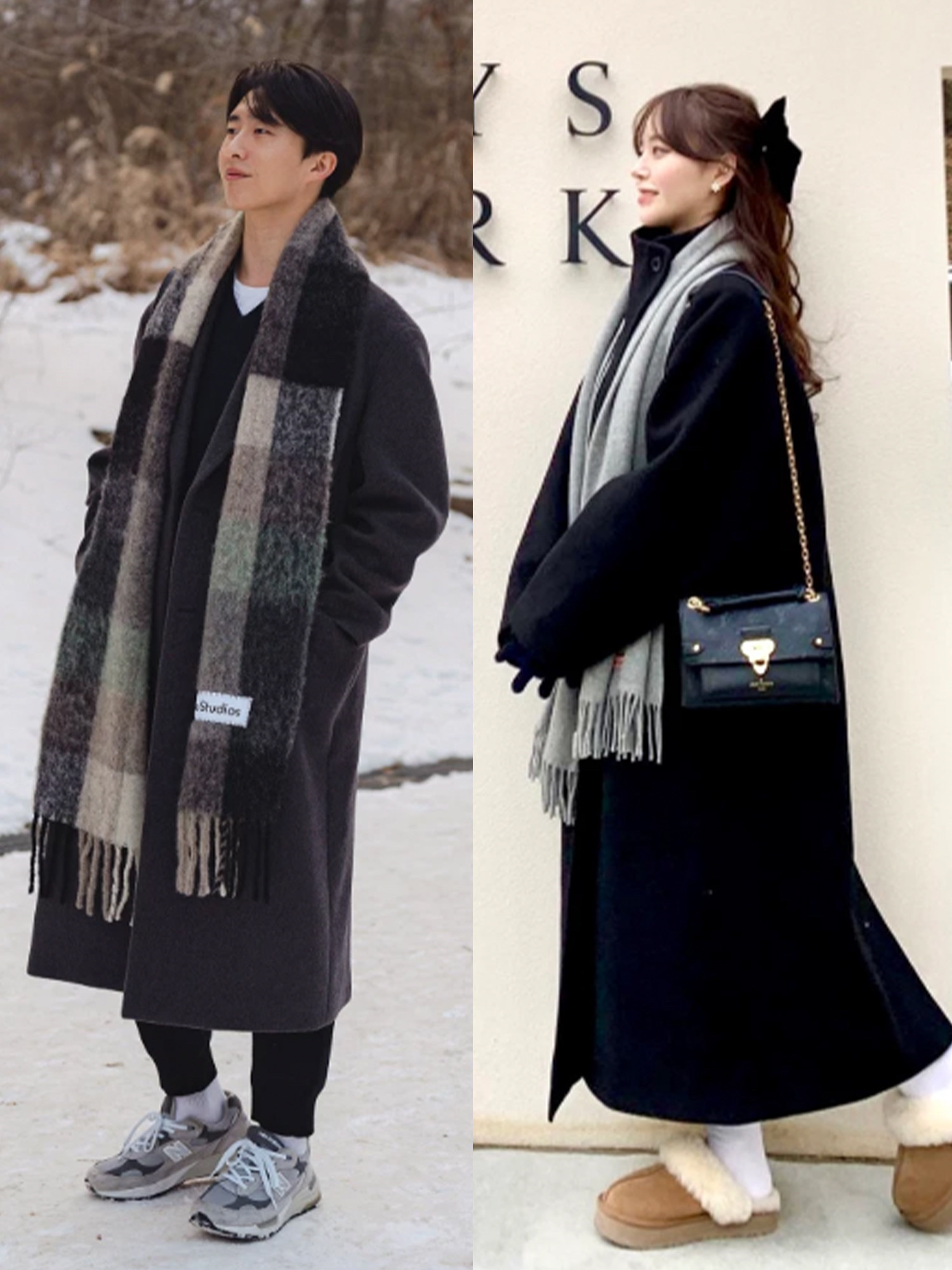 Acne Studios Mohair Check Muffler Fuchsia Lilac Pink, Acne Studios Mohair Check Muffler Grey Green Black 착용 스타일 - 3