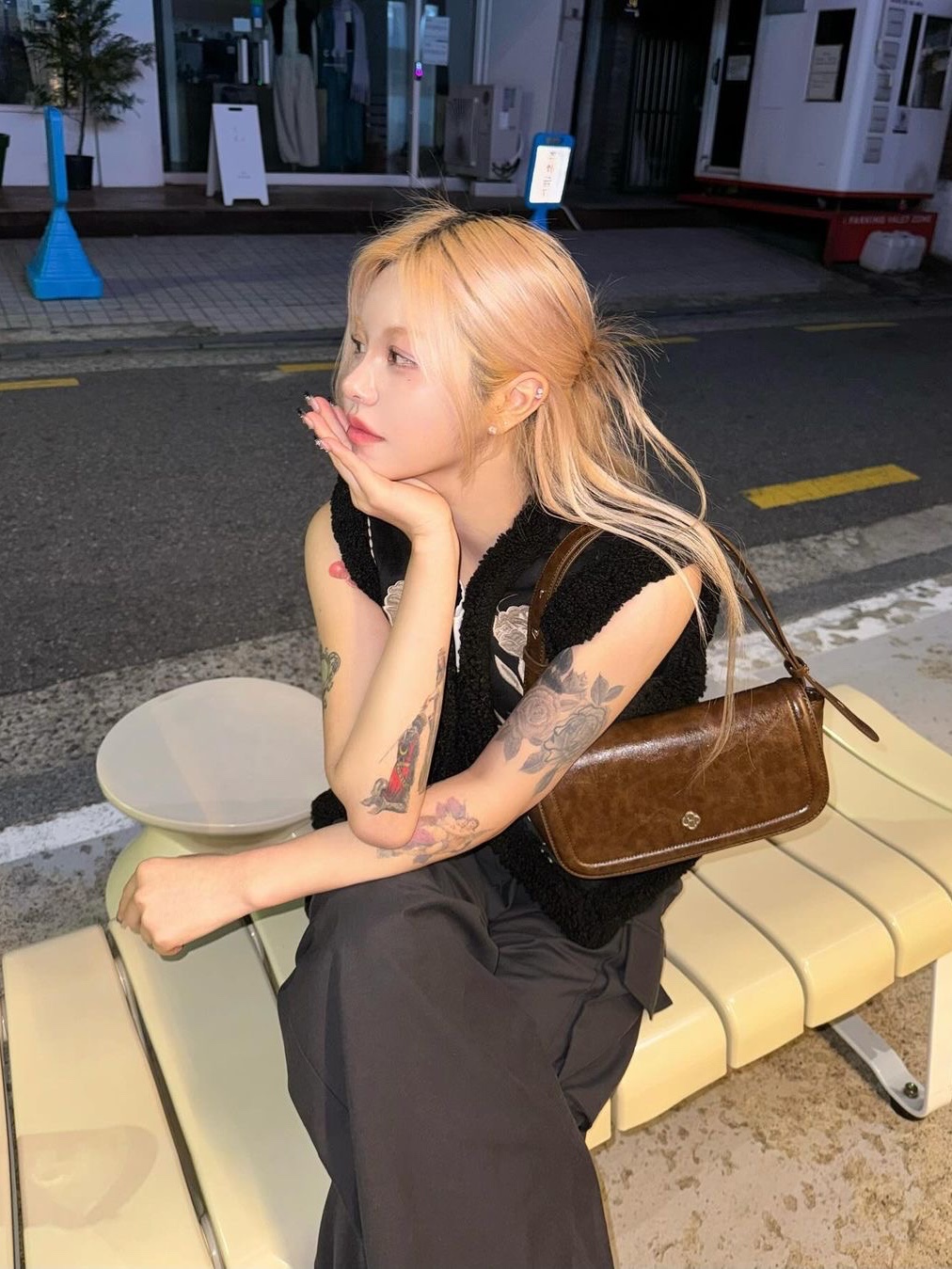 Heeari Women Peony Baguette Bag Brown, Heeari Women Peony Baguette Bag Silver 착용 스타일