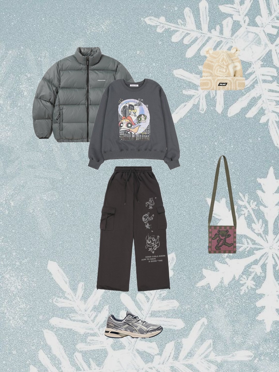Palace Joyrex Fleece Ears Beanie Stone - 23FW, Thisisneverthat x Grateful Dead Lightning Bear Knit Mini Bag Mud 착용 스타일 - 2