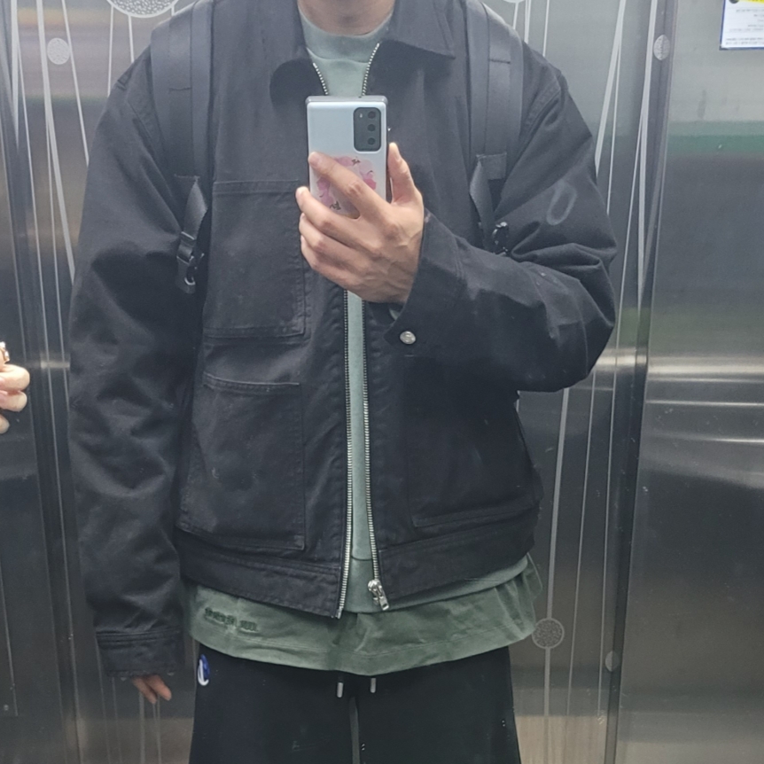 Stussy Overdyed Zip Work Jacket Black, Zara x Ader Error Jogger Pants Black 착용 스타일 - 2