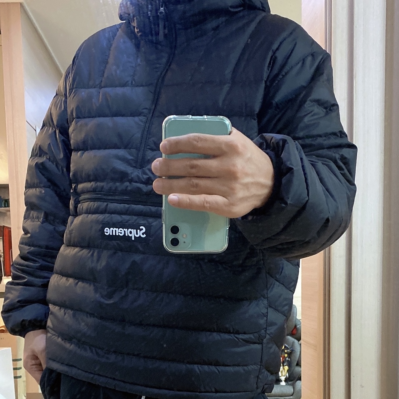 Supreme Micro Down Half Zip Hooded Pullover Black - 23FW 착용 스타일 - 1