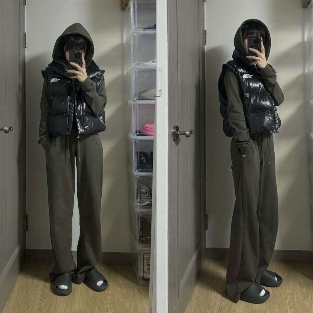 (W) The North Face White Label Glossy Detachable Down Jacket Black 착용 스타일 - 2