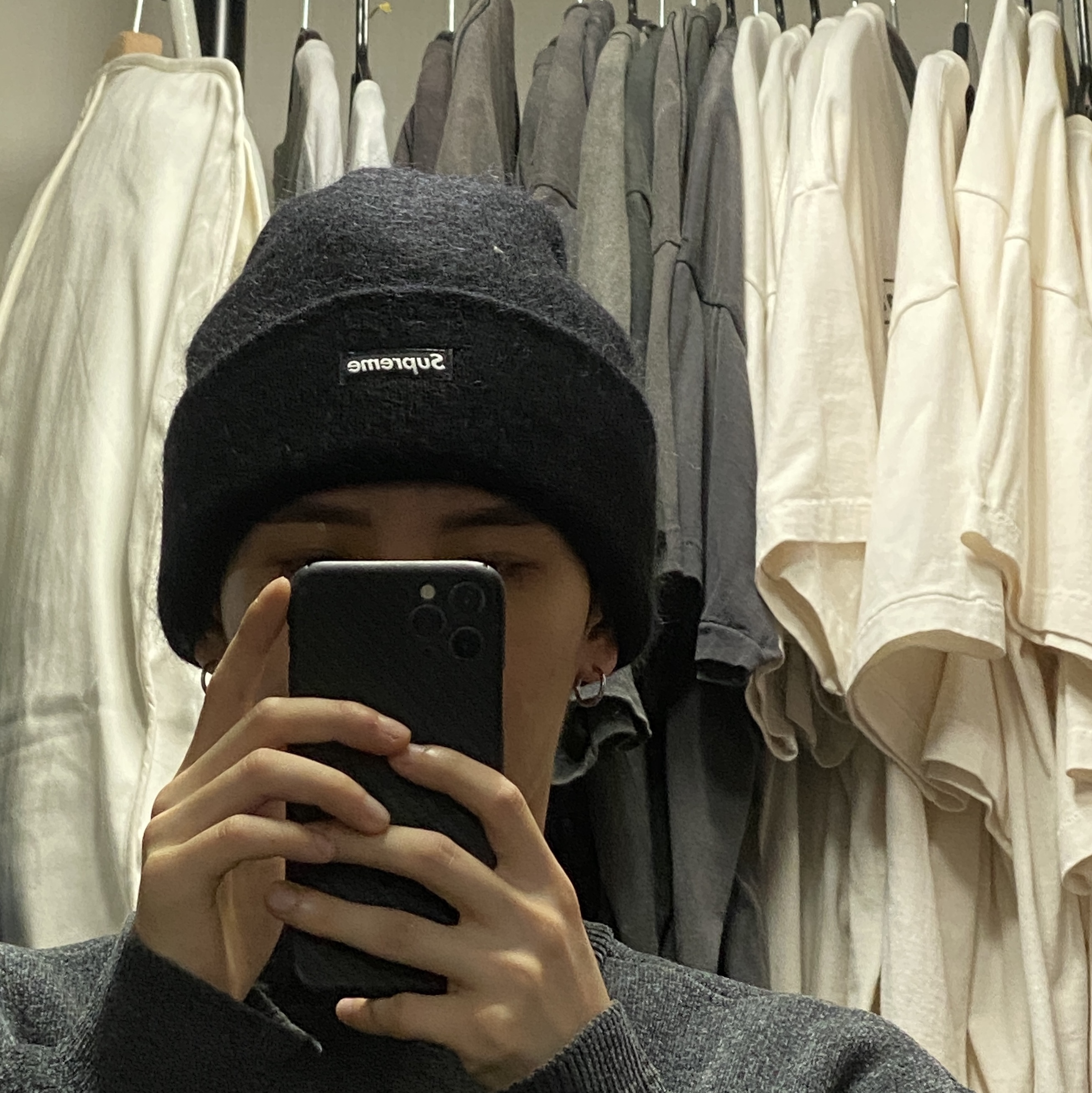 Palace Script Knit Metalico - 23FW, Palace Major Fret Scarf Navy Cream - 23FW 착용 스타일 - 5