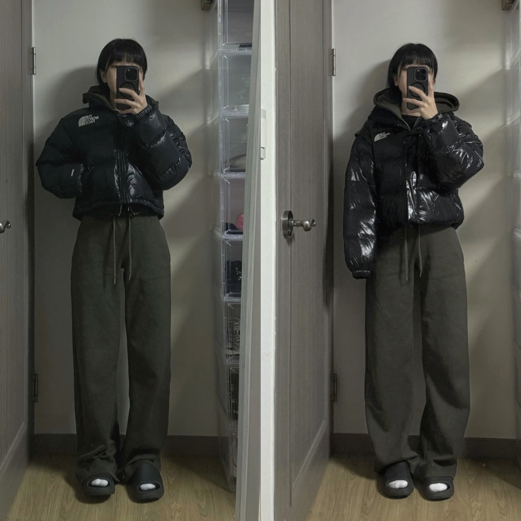 (W) The North Face Nuptse Short Jacket TNF Black, (W) The North Face White Label Glossy Detachable Down Jacket Black 착용 스타일