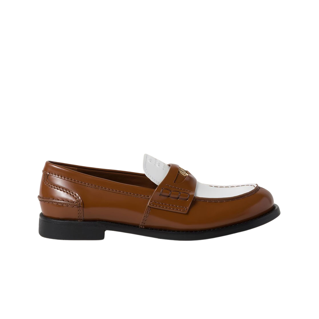 5D773D-AZE-F031W (W) Miu Miu Rubber Sole Plain Leather Logo Loafer Moccasin Cognac White
