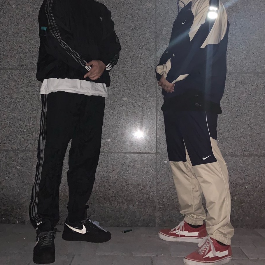 Nike x Off-White Air Force 1 Low Black White, Nike x Cav Empt Track Pants Navy 착용 스타일