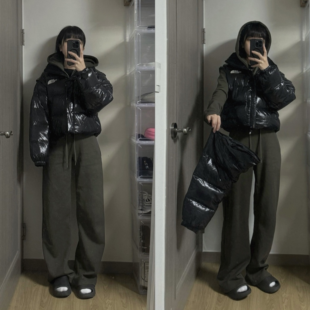 (W) The North Face White Label Glossy Detachable Down Jacket Black 착용 스타일 - 1