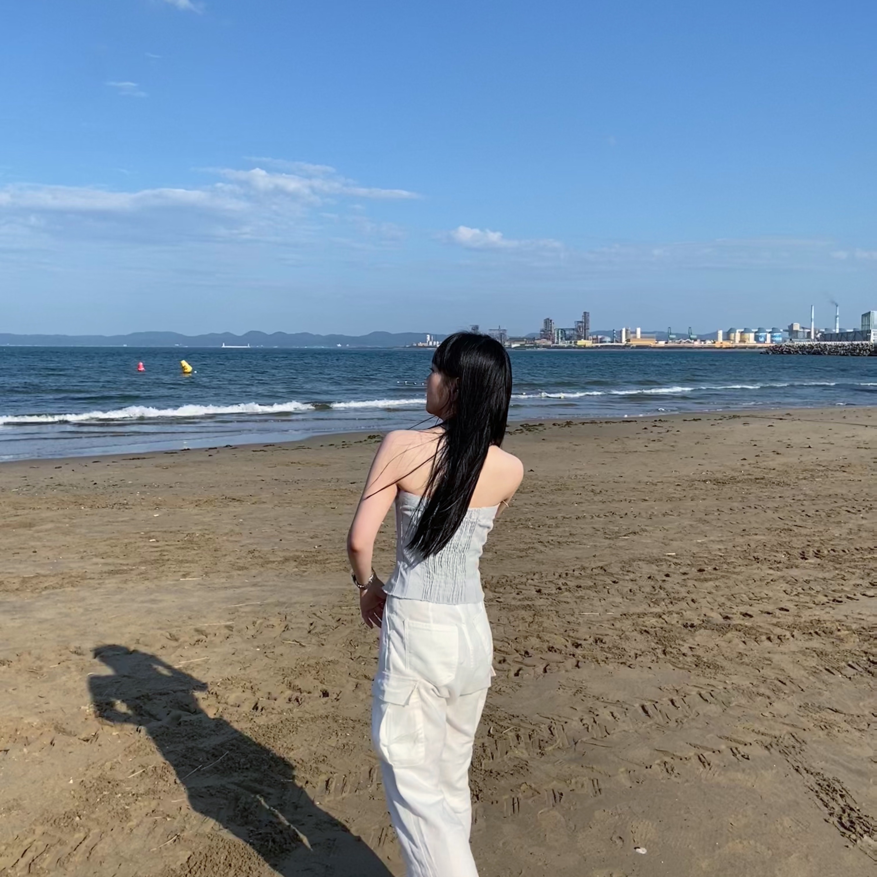 (W) Zara Denim TRF Corsetry Top Light Blue, (W) Asics Gel-1130 Cream Pure Silver 착용 스타일 - 3