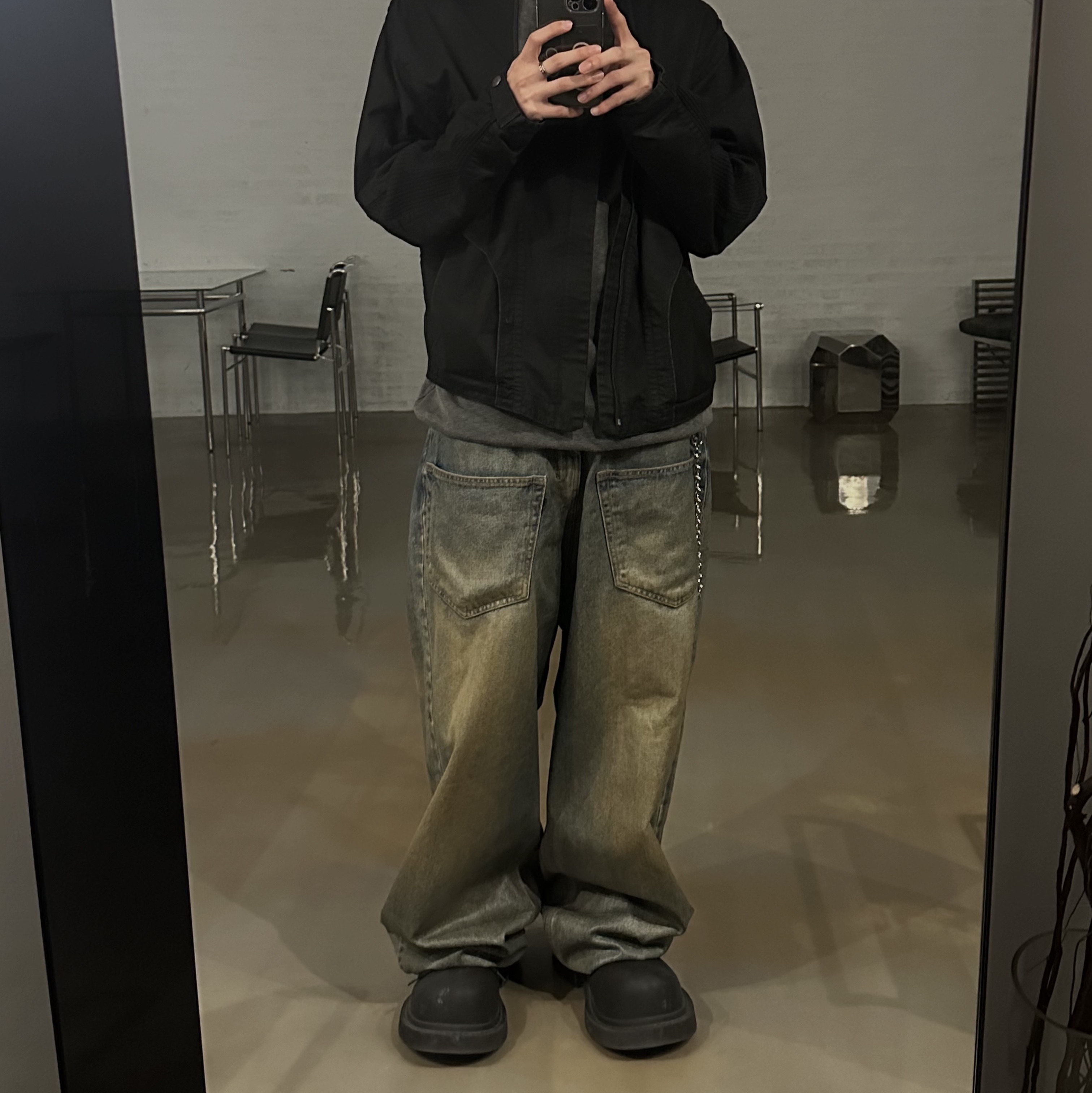 Project G/R Coated Backward Denim Pants Blue, Balenciaga Steroid Derby Black 착용 스타일 - 2