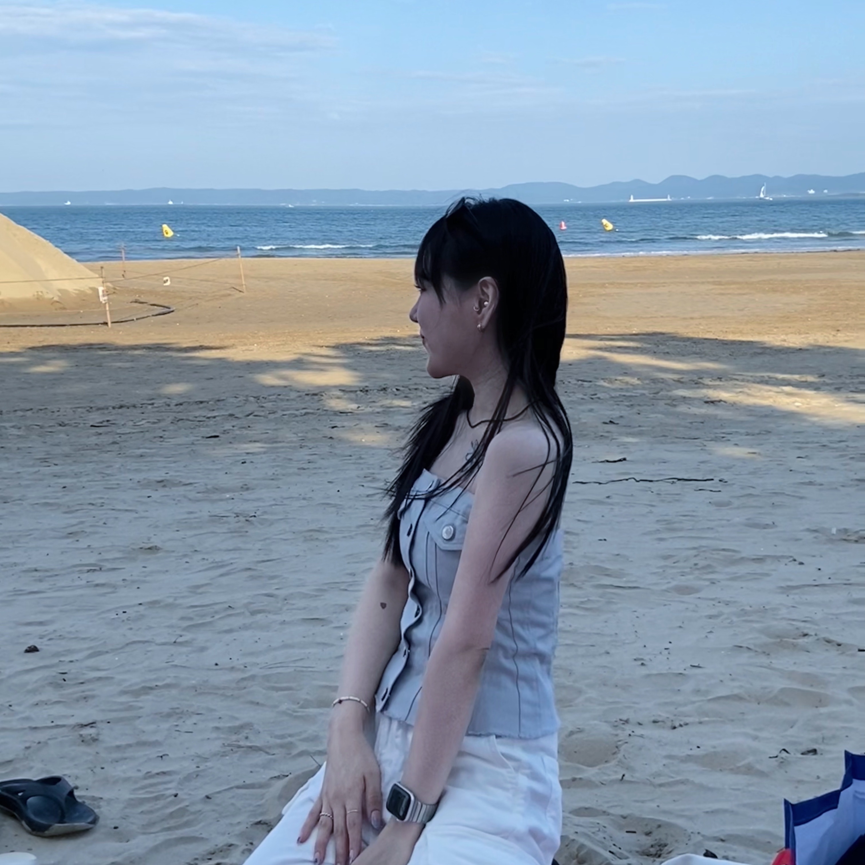 (W) Zara Denim TRF Corsetry Top Light Blue, (W) Asics Gel-1130 Cream Pure Silver 착용 스타일 - 4