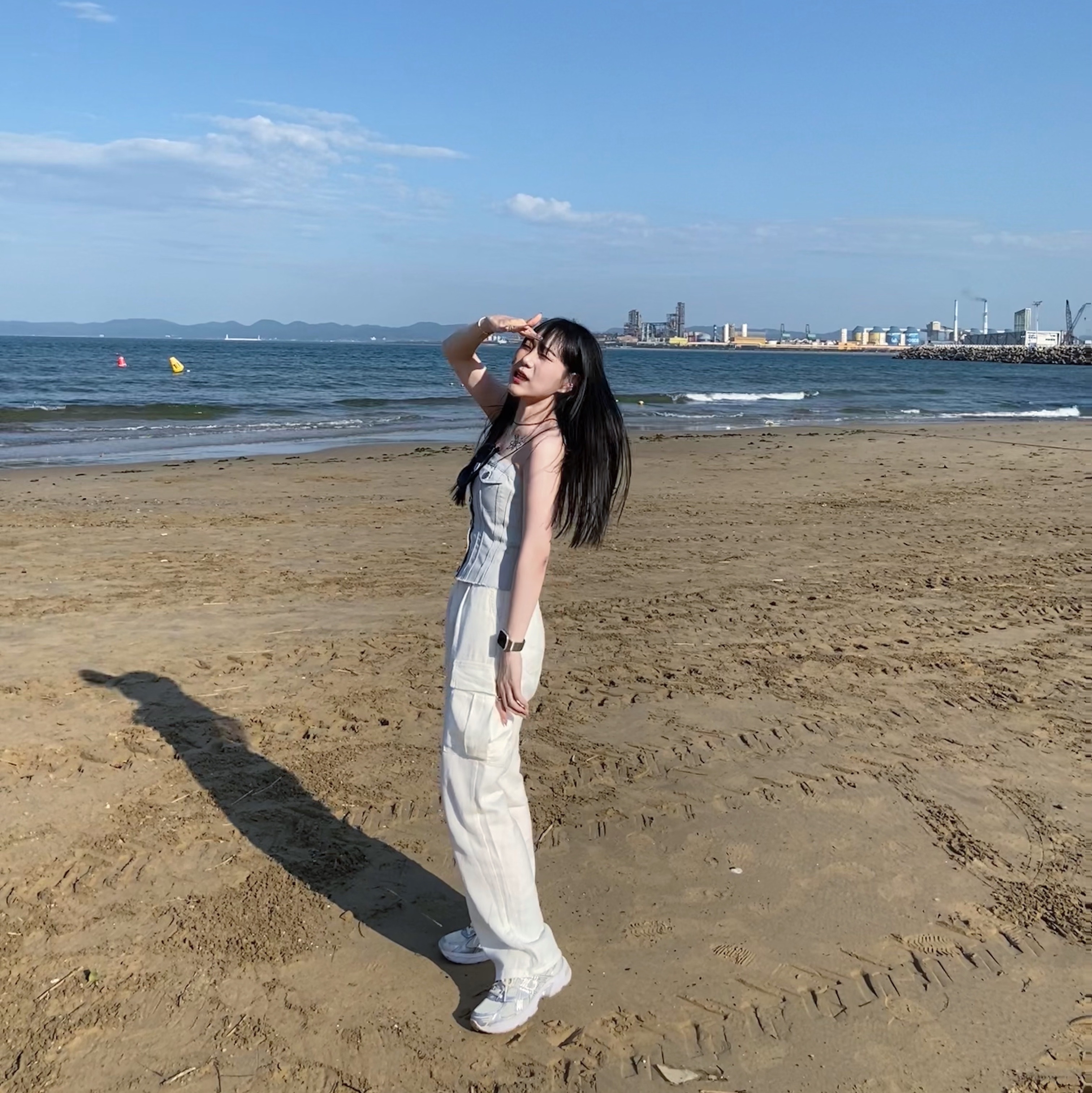 (W) Zara Denim TRF Corsetry Top Light Blue, (W) Asics Gel-1130 Cream Pure Silver 착용 스타일 - 5