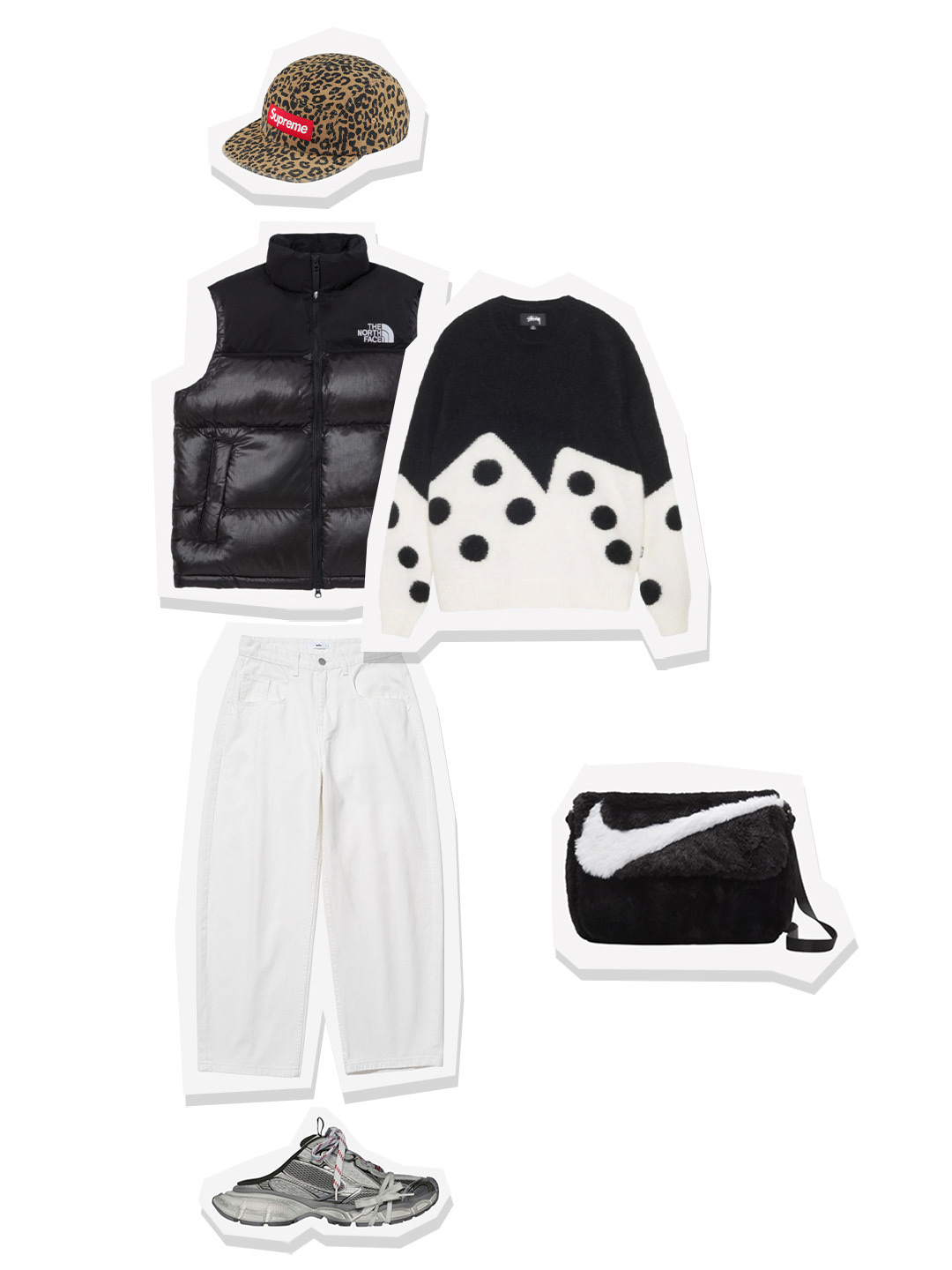Stussy Dice Fuzzy Crew Black, Millo Archive Reflect Curved Pants Off White 착용 스타일 - 1
