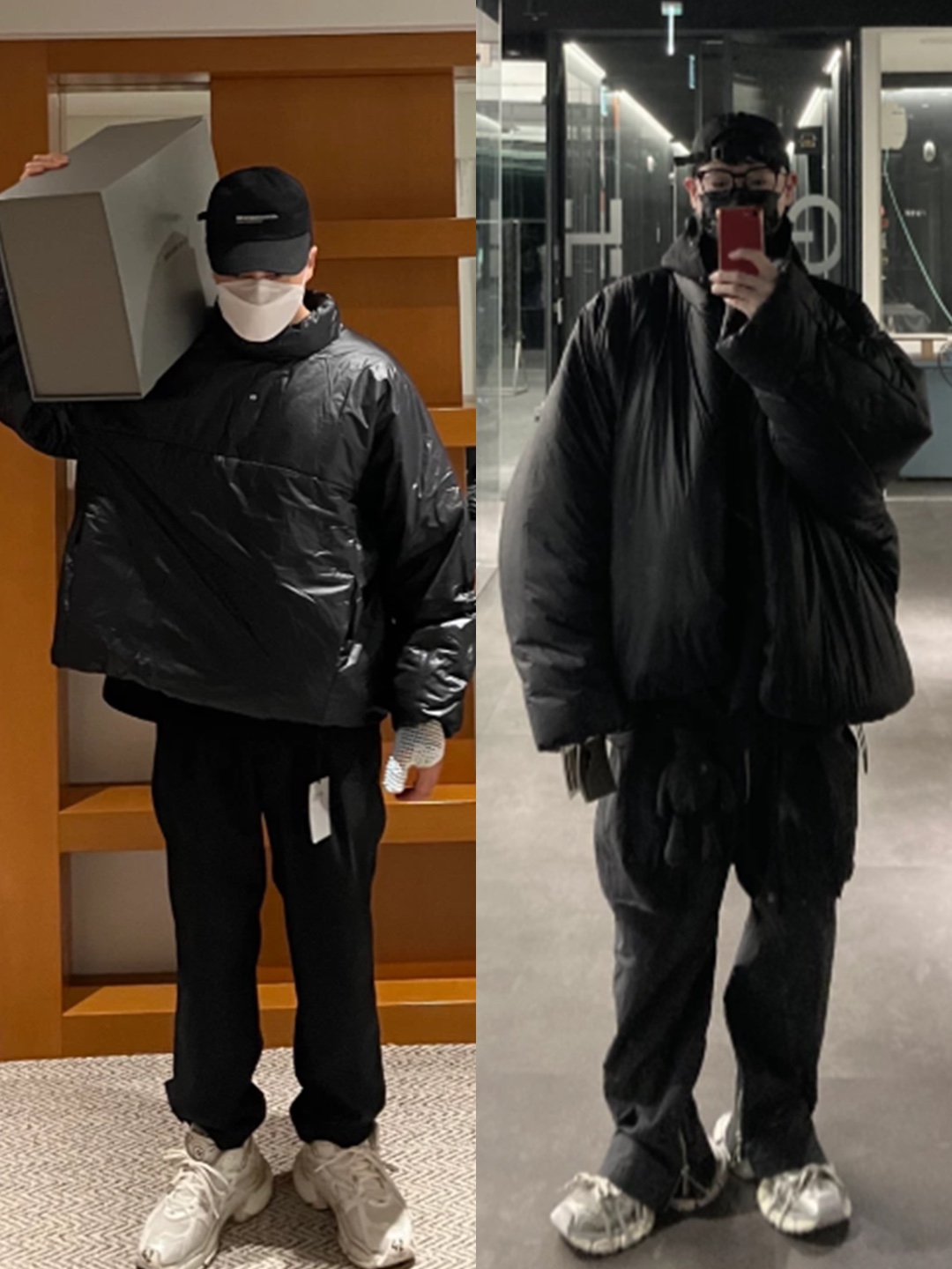Yeezy Gap Engineered By Balenciaga Mock Neck Pullover Puffer Black, Yeezy Gap Engineered By Balenciaga Round Jacket 2 Black 착용 스타일 - 2