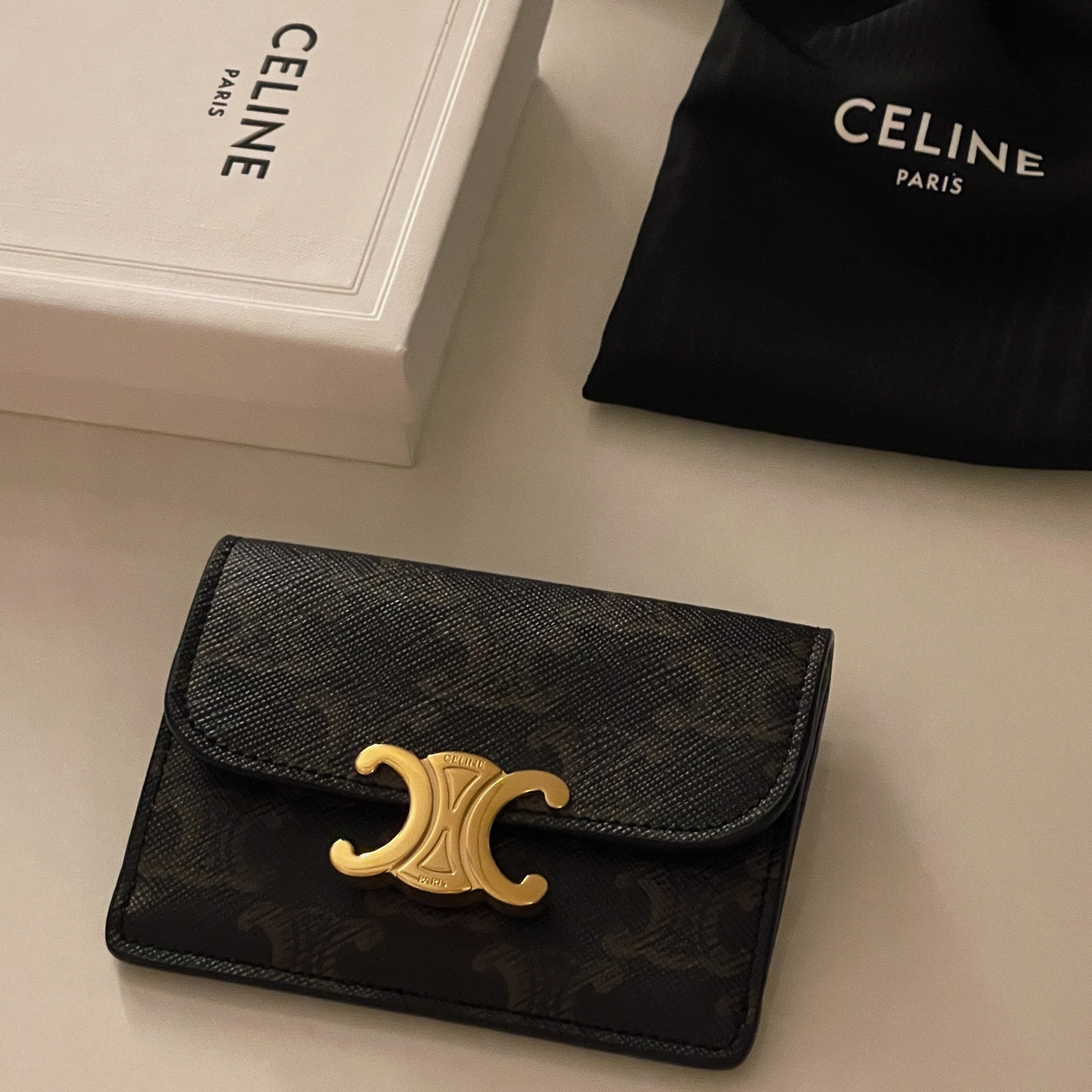 Celine Card Holder with Flap in Triomphe Canvas Tan 착용 스타일