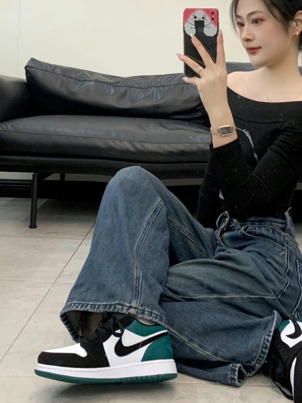 (GS) Jordan 1 Low Black Mystic Green 착용 스타일 - 2