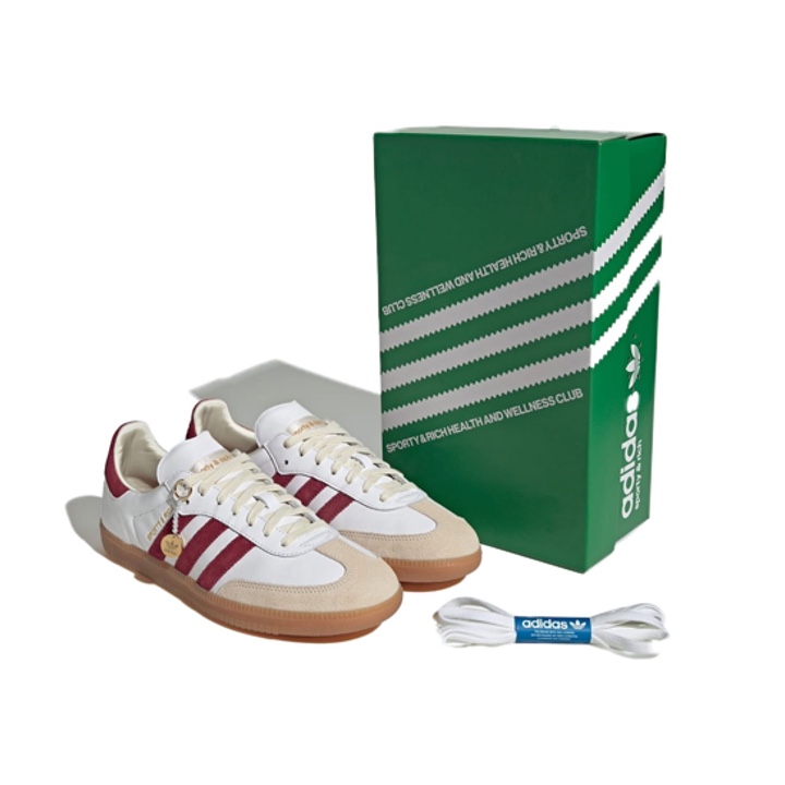 Adidas x Sporty & Rich Samba OG Cloud White Collegiate Burgundy, Adidas x Sporty & Rich Samba OG Cloud White Bold Gold 착용 스타일 - 2