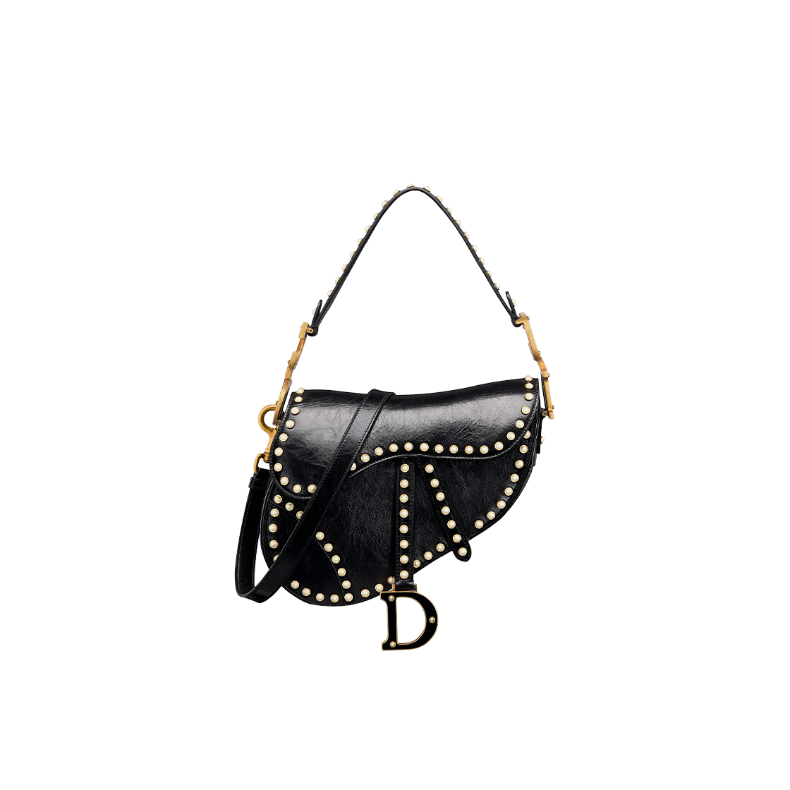 Dior Saddle Bag With Strap Black Crinkle Effect White Resin Pearls 상세 이미지 1