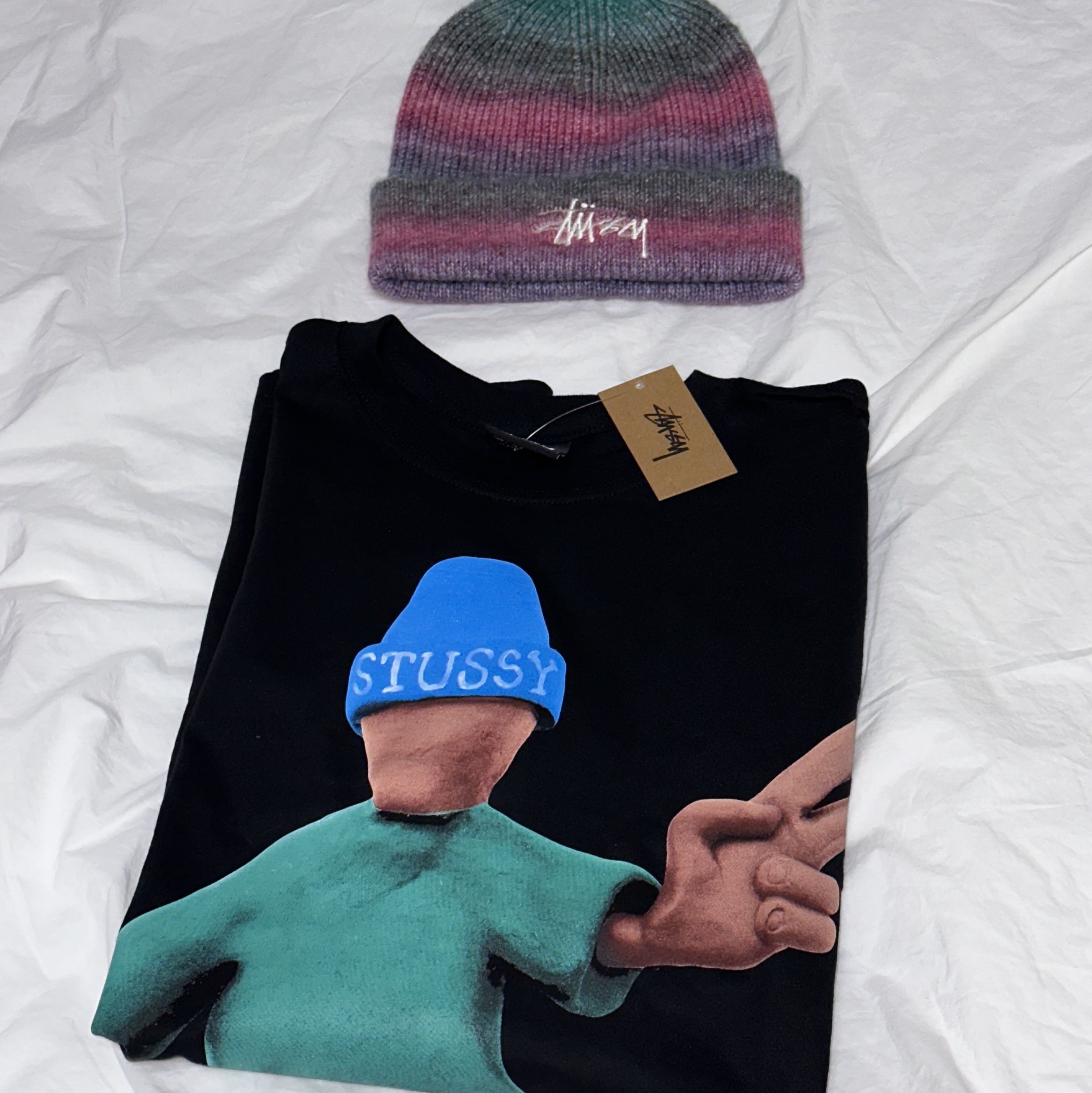Stussy Peace & Prosperity T-Shirt Black, Stussy Cuff Beanie Spray Stripe Teal Multi 착용 스타일