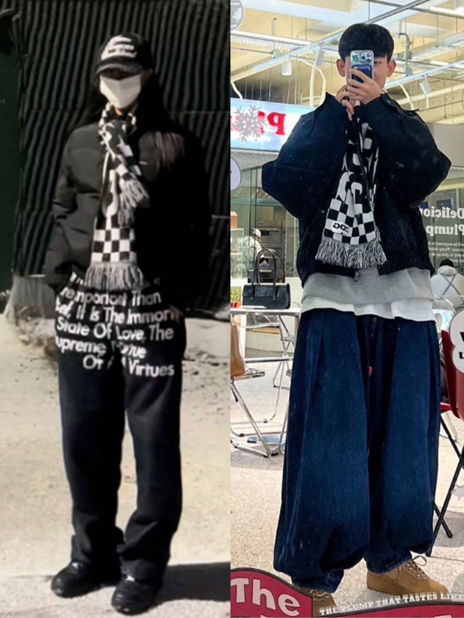 CDG Logo Check Muffler White Black, Jacquemus Lecharpe Fringe Logo Muffler Navy 착용 스타일 - 2