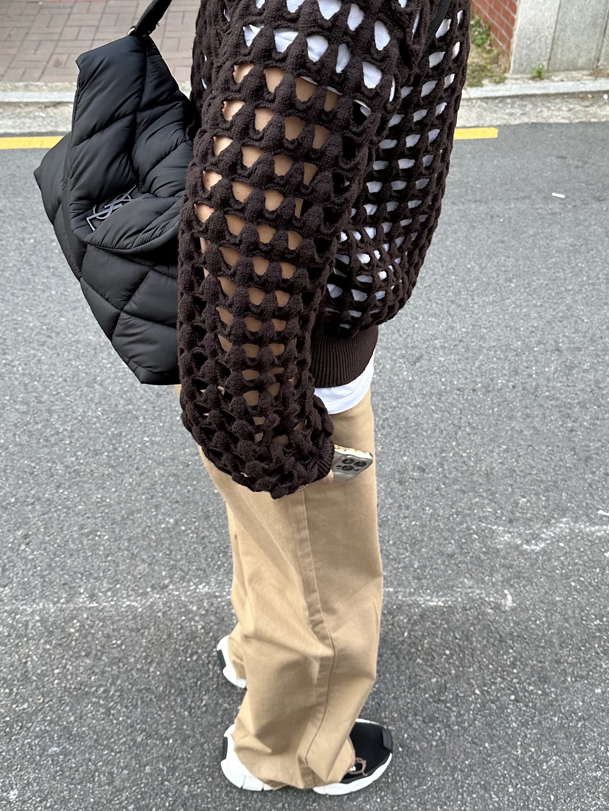 Balenciaga 3XL Sock Recycled Knit Sneakers Black, Saint Laurent Puffer Messenger Bag in Econyl Regenerated Nylon Black 착용 스타일 - 1