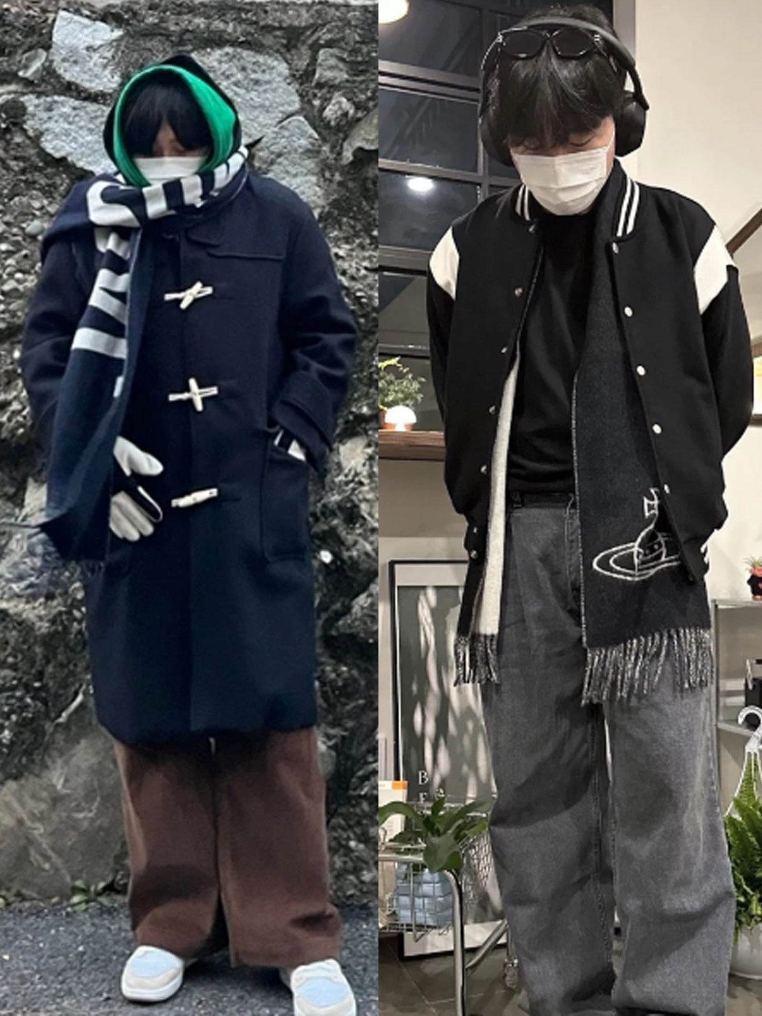 CDG Logo Check Muffler White Black, Jacquemus Lecharpe Fringe Logo Muffler Navy 착용 스타일 - 3