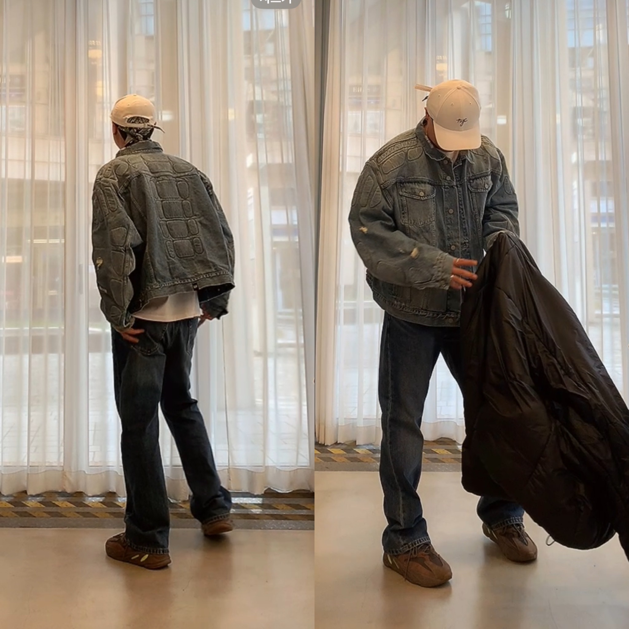 Yeezy Gap Engineered By Balenciaga Padded Denim Jacket Blue, Yeezy Gap Engineered By Balenciaga Round Jacket 2 Black 착용 스타일 - 3