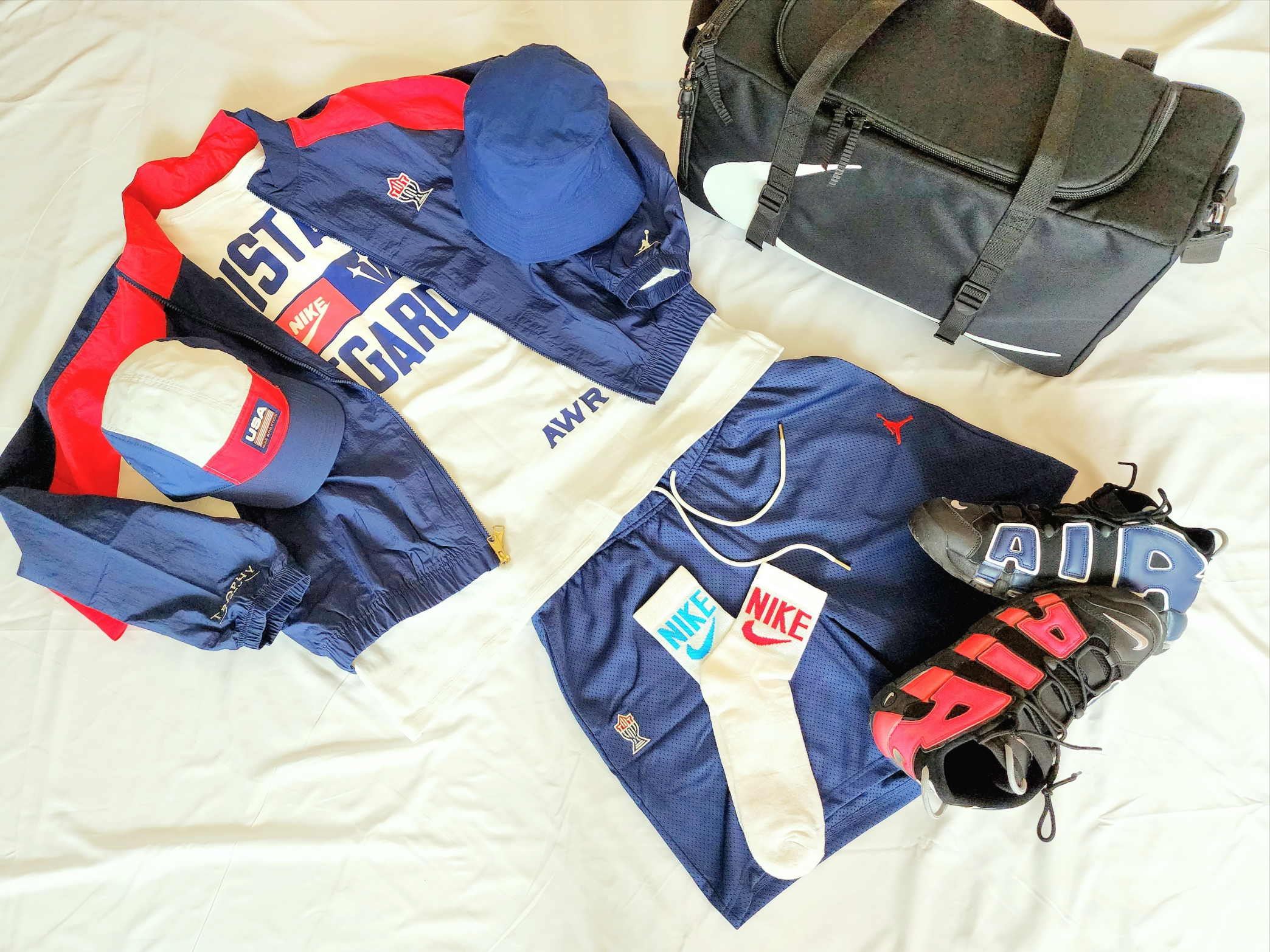 Nike NRG AW84 USA Camp Cap, Jordan x Trophy Room Wooven Jacket Midnight Navy - US/EU 착용 스타일 - 1