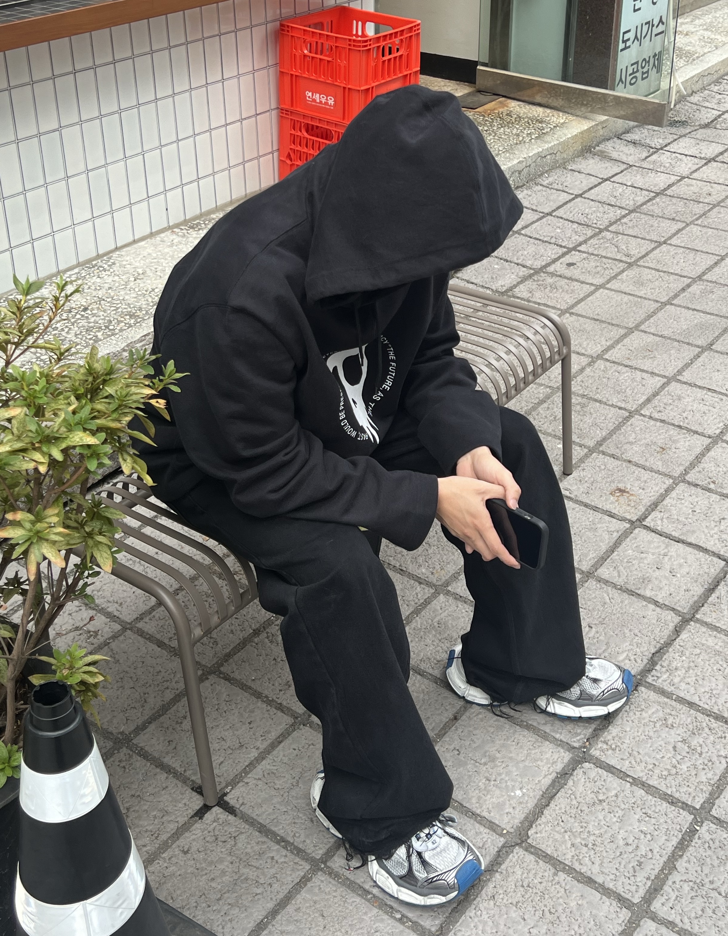 Balenciaga 3XL Sneakers Grey White Blue, Our Legacy Loose Hoodie Maverick Skull Print Black 착용 스타일