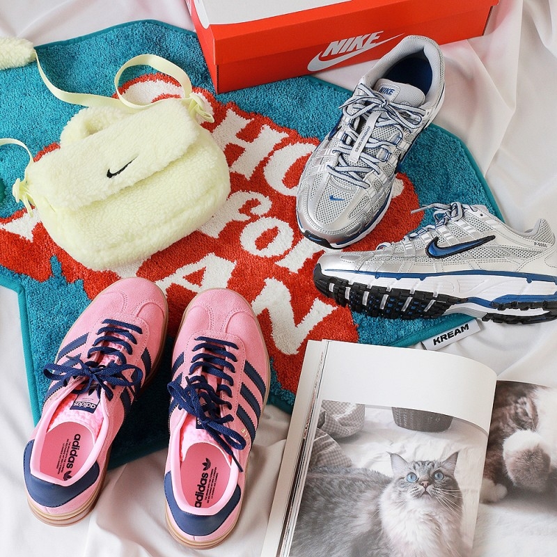 (W) Adidas Gazelle Bold Pink Glow Victory Blue, (W) Nike P-6000 Laser Blue 착용 스타일